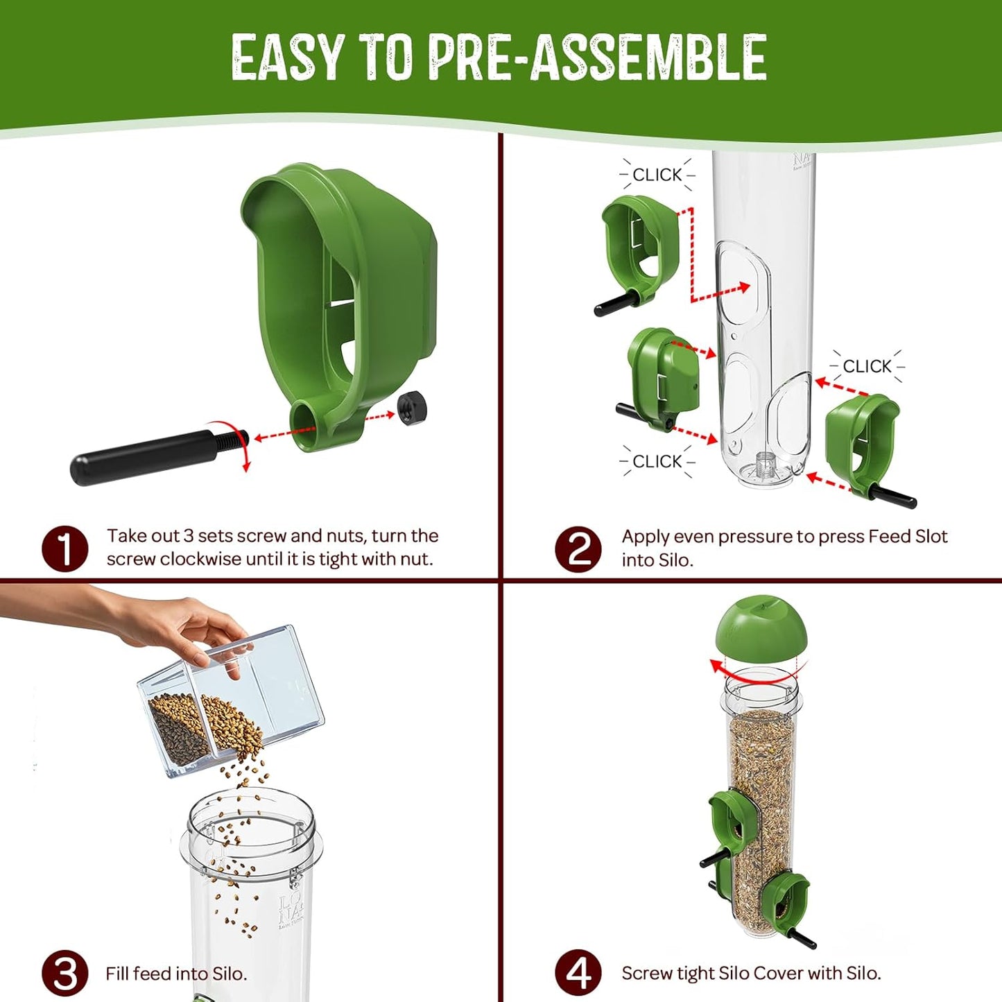 LONA Bird Feeders for Outdoors 2 Pack, Tube Feeder Weatherproof with Multiple Hanging Methods, Wild Bird Feeding Silo for Outside, 3 Port