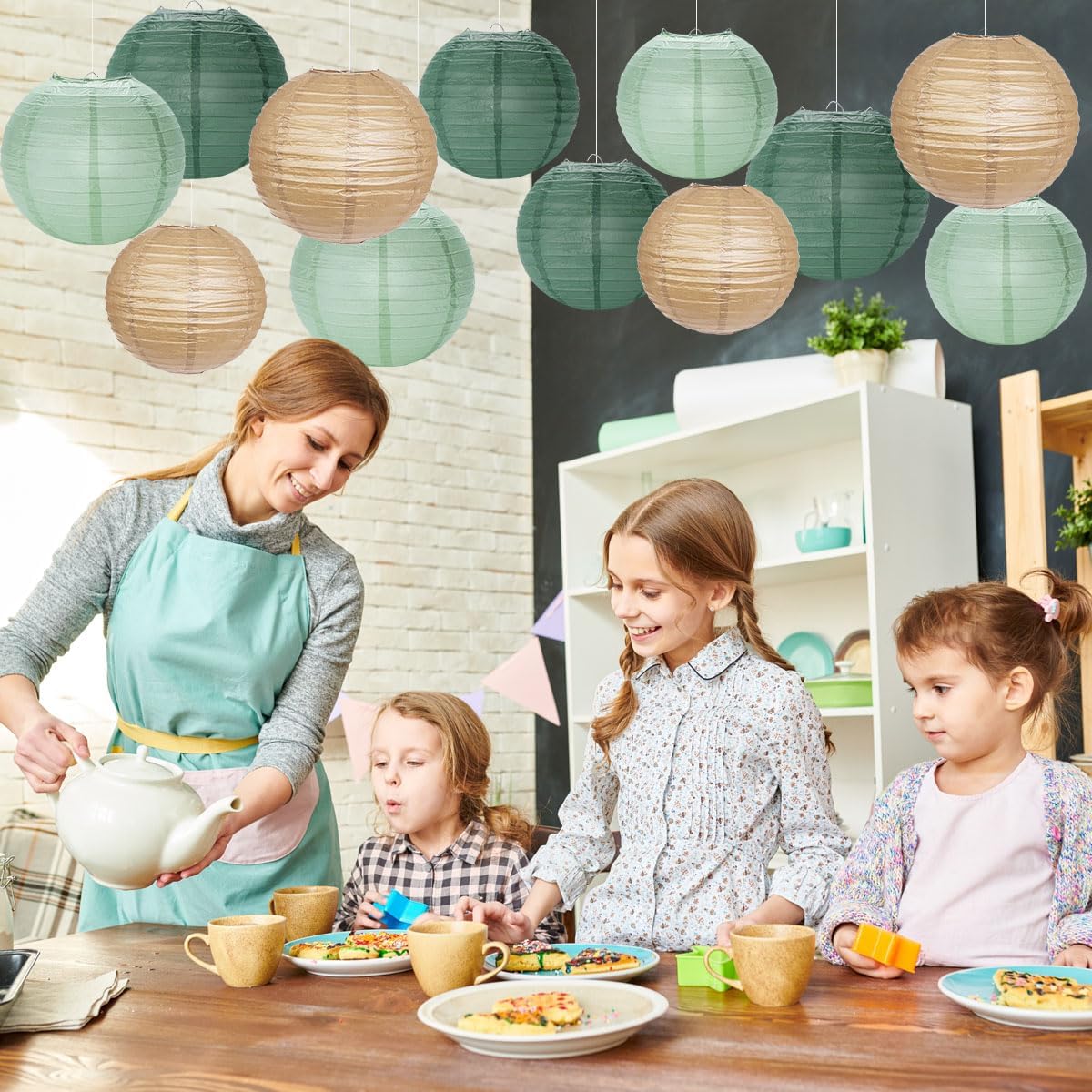 Paper Lanterns Decorative, Sage Green Forest Tan Hanging Round Chinese Lanterns with Lights for Rustic Party Sage Green Birthday Party 12 LED Light Pack of 12