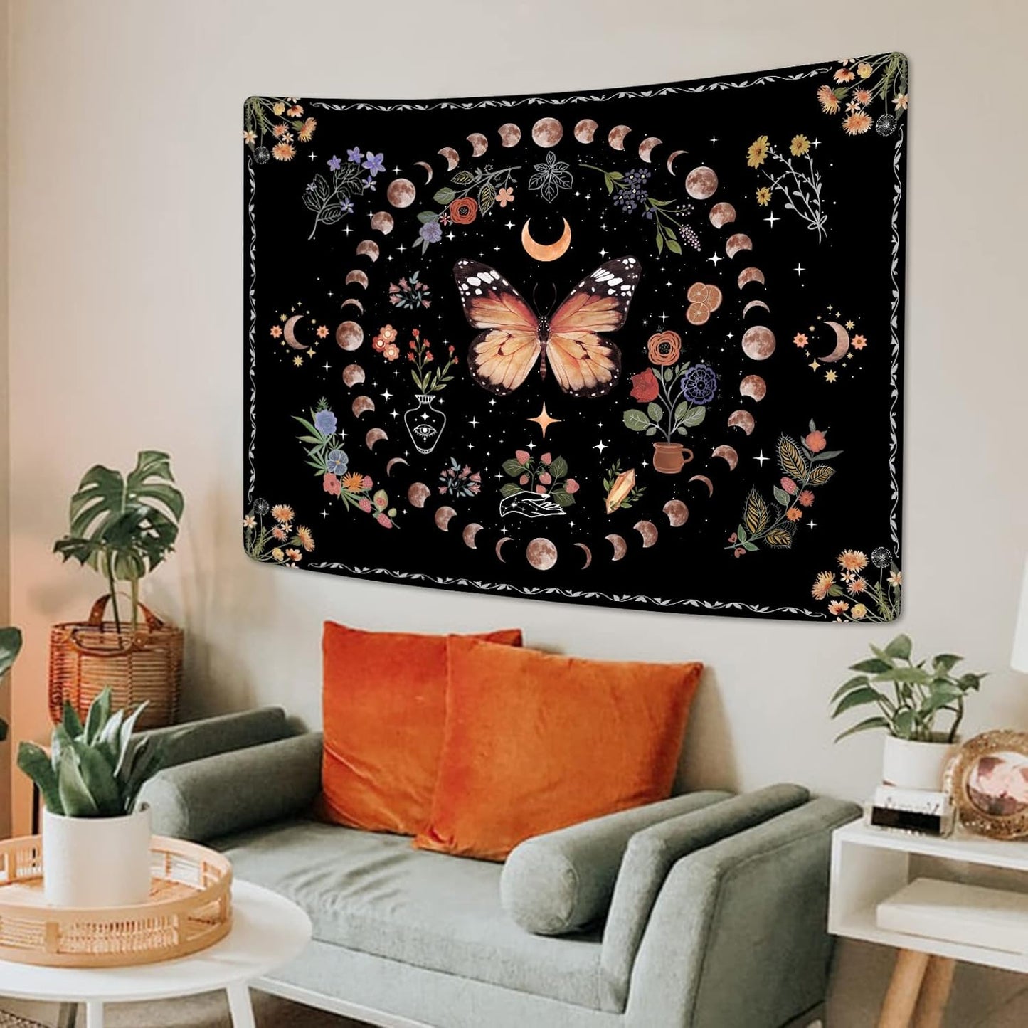 Fowocu Orange Butterfly Moon Flower Tapestry Boho Floral Plant Tapestries for Bedroom Aesthetic Tapastry's Wall Hanging Mandala Botanical Wall Tapestry for Living Room Dorm (Yellow, 48'' × 36'')