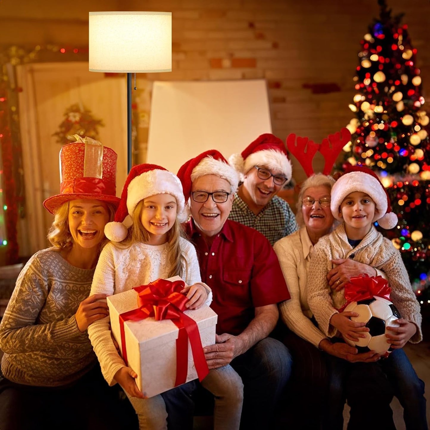 Ambimall Floor Lamps for Living Room with 3 Color Temperatures Bulb & Pull Chain Switch, 60" Modern Standing Floor Lamp for Bedroom Kids Room Study Room（Dark Beige Shade & Black Pole）