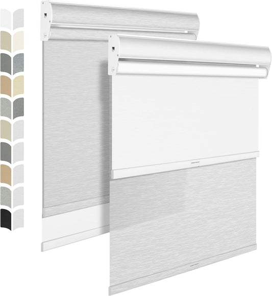 BERISSA Cordless Dual Roller Shades with Cassette Valance, Double Window Shades - Blackout and Light Filtering, Day and Night for Home Office Door. Striped Jacquard White. Custom Sizes