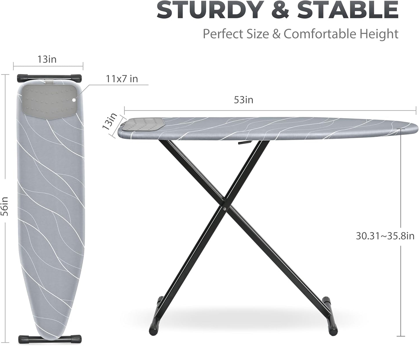 APEXCHASER Ironing Board with Silicon Iron Rest, Heavy-Duty Legs and Heat Resistant Cover, 13x53 inch, Black