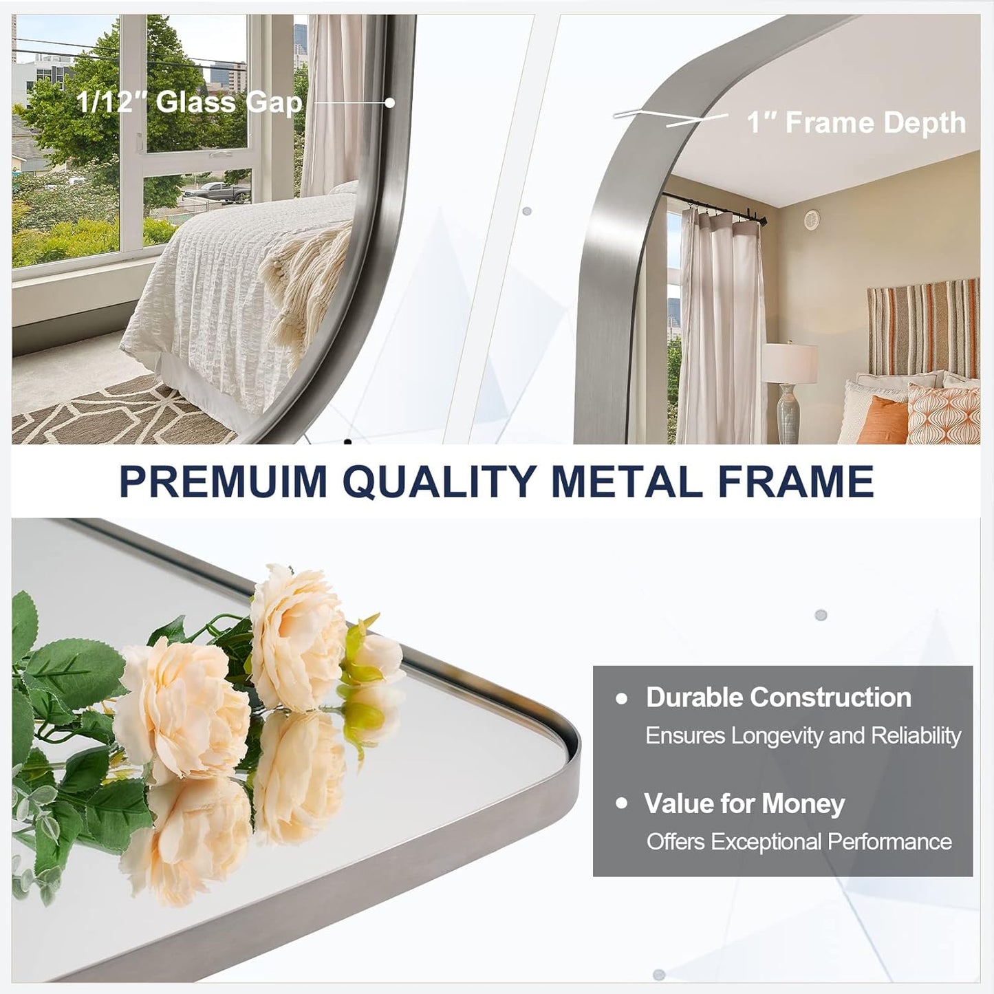 ANDY STAR Brushed Nickel Mirror, 30x48’’ Brushed Nickel Bathroom Oval Mirror with Stainless Steel Metal Frame, Silver Oblong Mirrors Wall Mounted for Bedroom, Living Room Decor