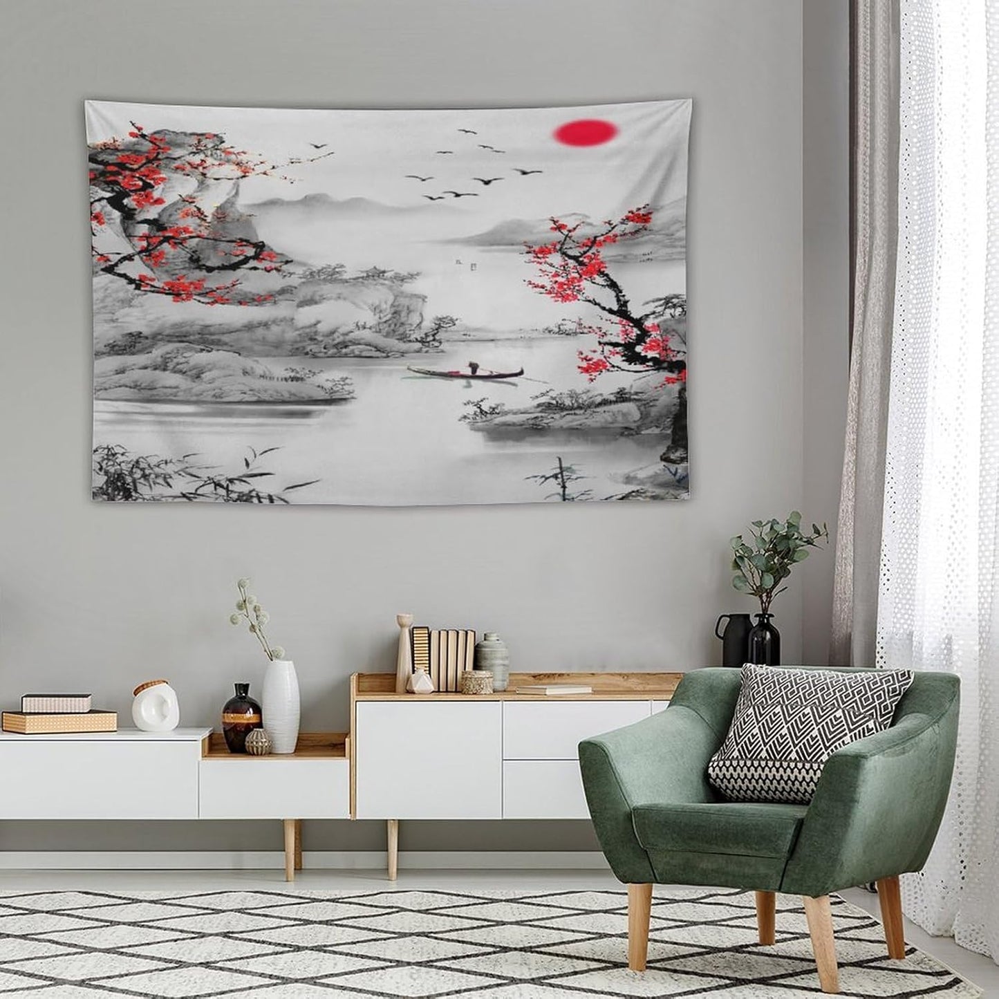 Cherry Blossoms Tapestry, Japanese Red Landscape Watercolor Abstract Art, Asian Japanese Wall Tapestry, Nature Landscape Tapestries for Bedroom Living Room Decor 60"x40"