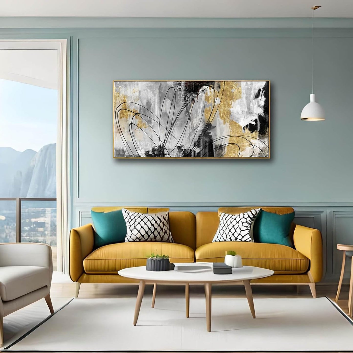 YJYart Line Art Wall Decor Black and Gold Wall Artwork 20"x40" Canvas Wall Art for Living Room Kitchen Wall Picture Ready to Hang