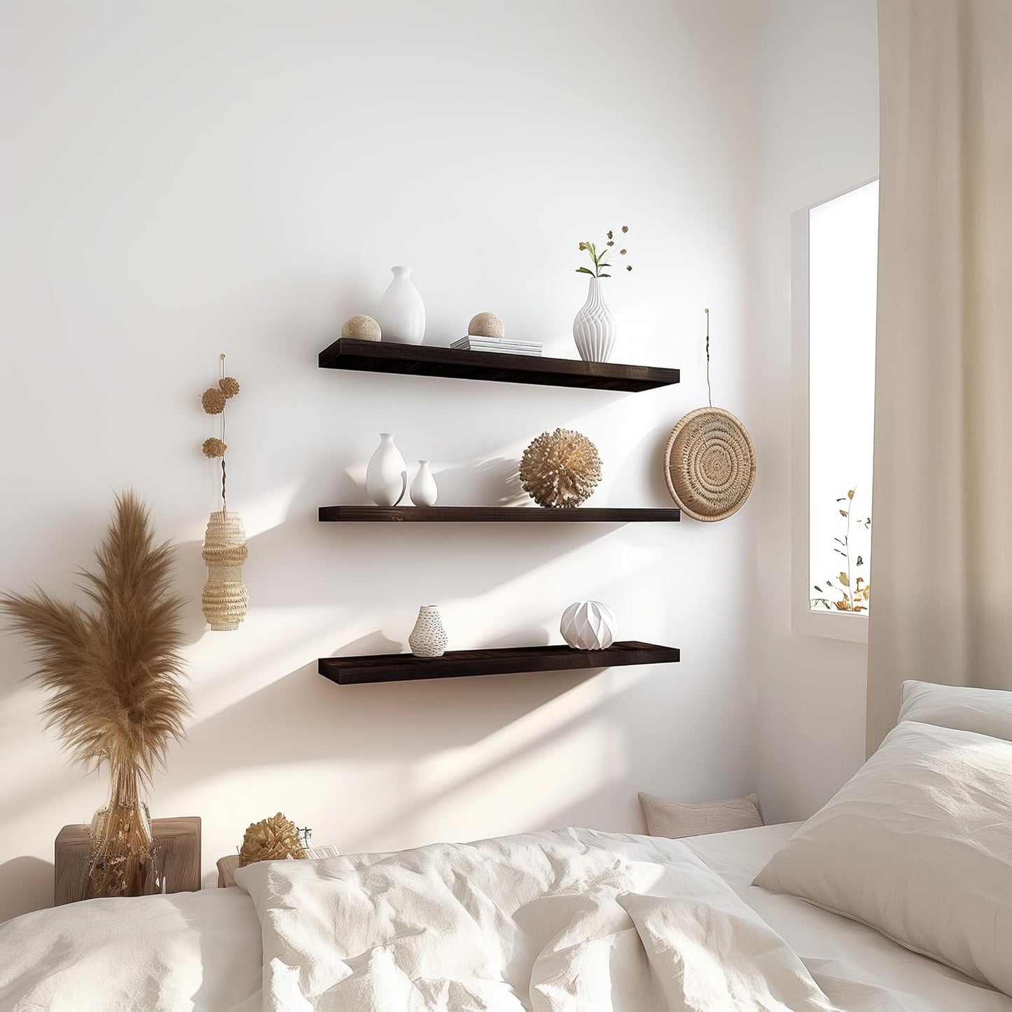 36 Inch Floating Shelves for Wall Rustic Brown Wood Wall Shelves for Bedroom Set of 4