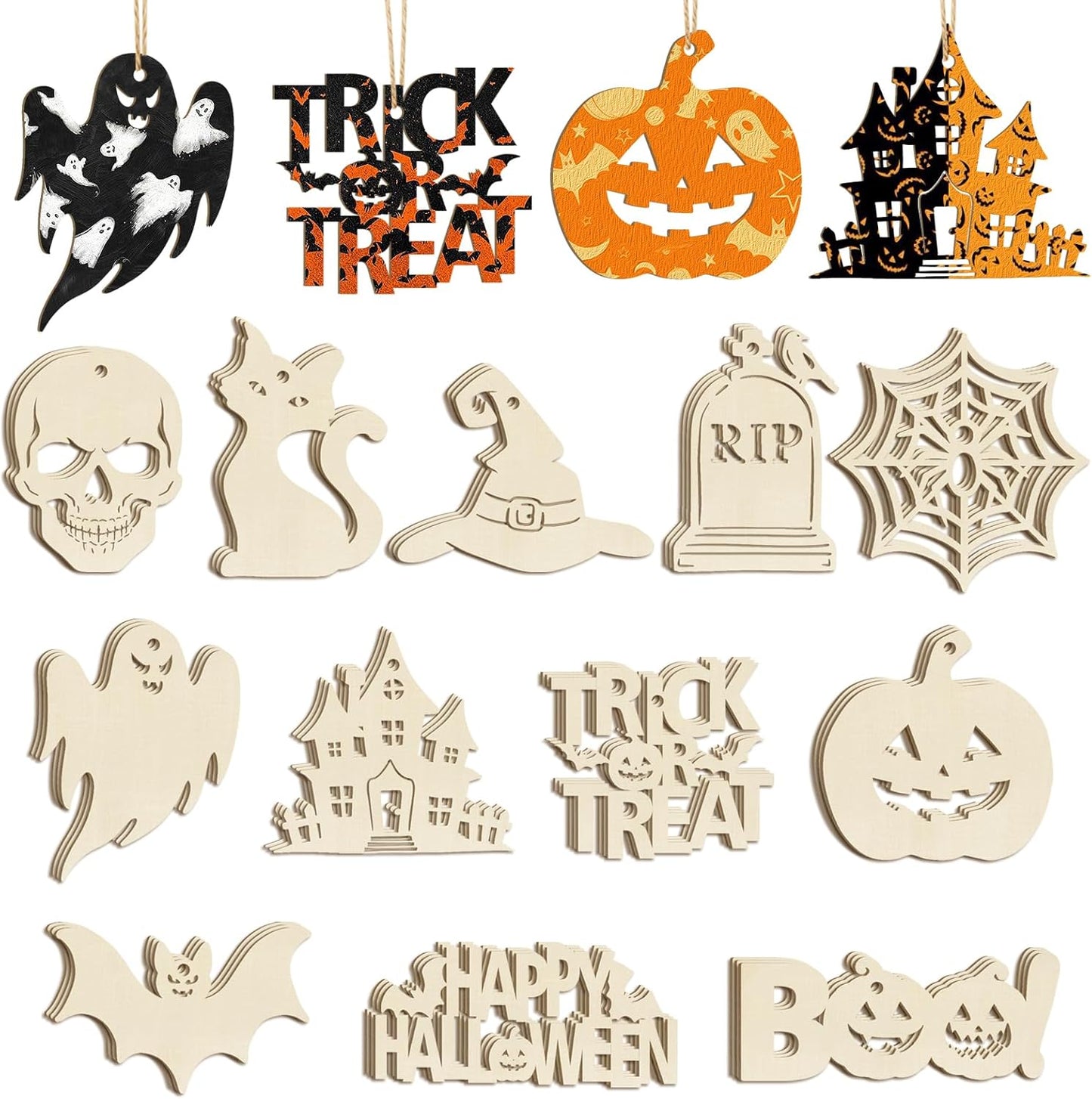 36PCS Wooden Halloween Ornaments to Paint Fall Decorations, 12 Styles DIY Blank Autumn Unfinished Wood Skull Pumpkin Ghost Bat Boo Trick or Treat Halloween Cutouts Ornament for Crafts Party Hanging