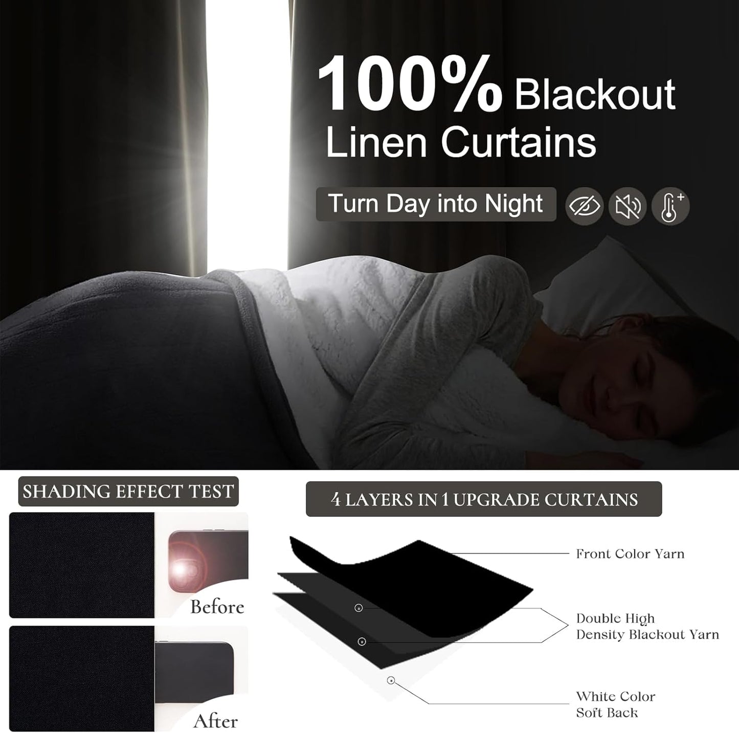 Blackout Curtains 108 Inches Long, Modern Pinch Pleated Linen Drapes for Sliding Glass Doors Heat&Cold Blocking Black Out Curtains 106 inch-110 inch Window Living Room 2 Panels Elegantes Summer