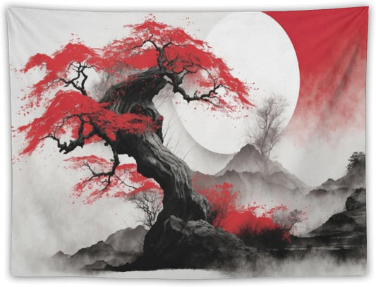 Cherry Blossoms Tapestry,Japanese Red Landscape Asian Watercolor Abstract Art Tapestry,Japanese Wall Tapestry, Nature Landscape Tapestries for Bedroom Living Room Decor 60"x40"