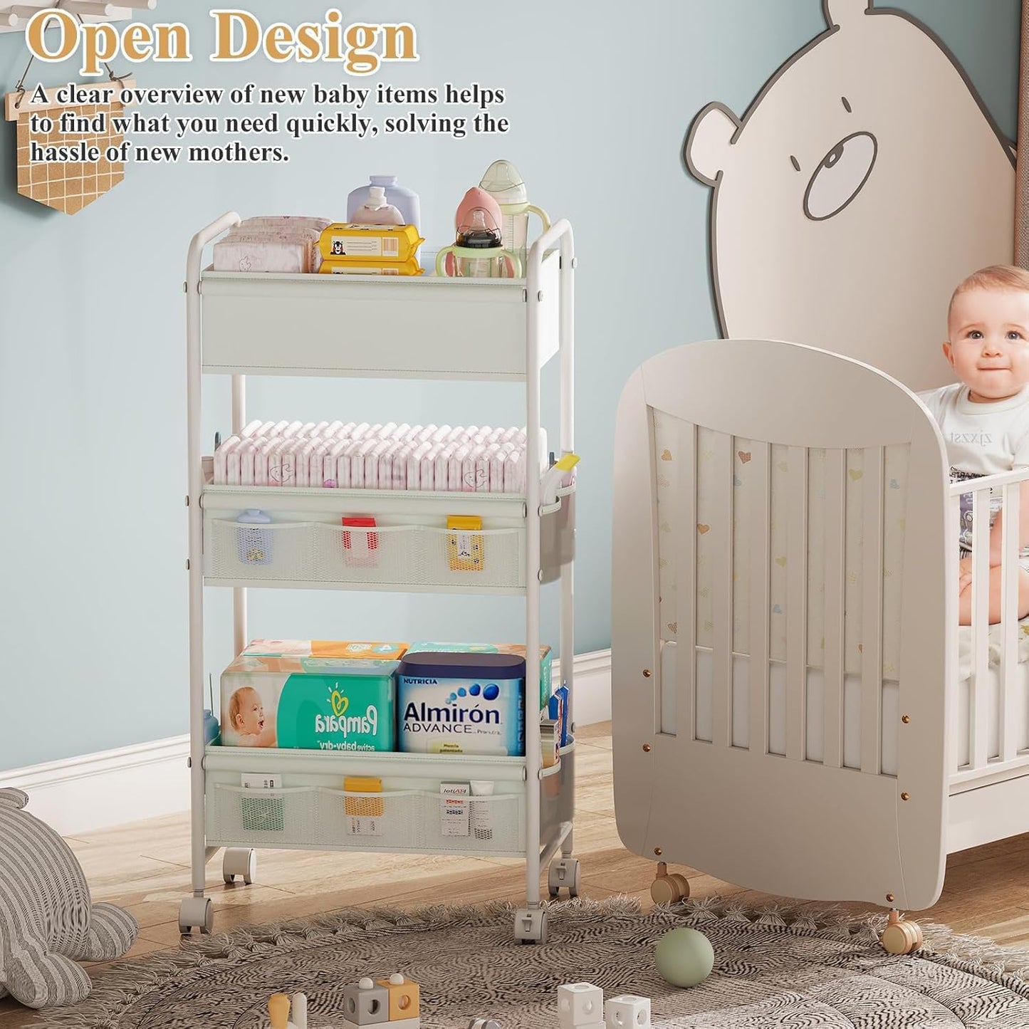 3-Tier Baby Diaper Caddy Cart Organizer,Mobile Nursery Organization with Wheels,with 2 Dividers & 14 Mesh Pockets Durable Metal Utility Cart for Nursery, Bedroom, Bathroom Essentials Organization