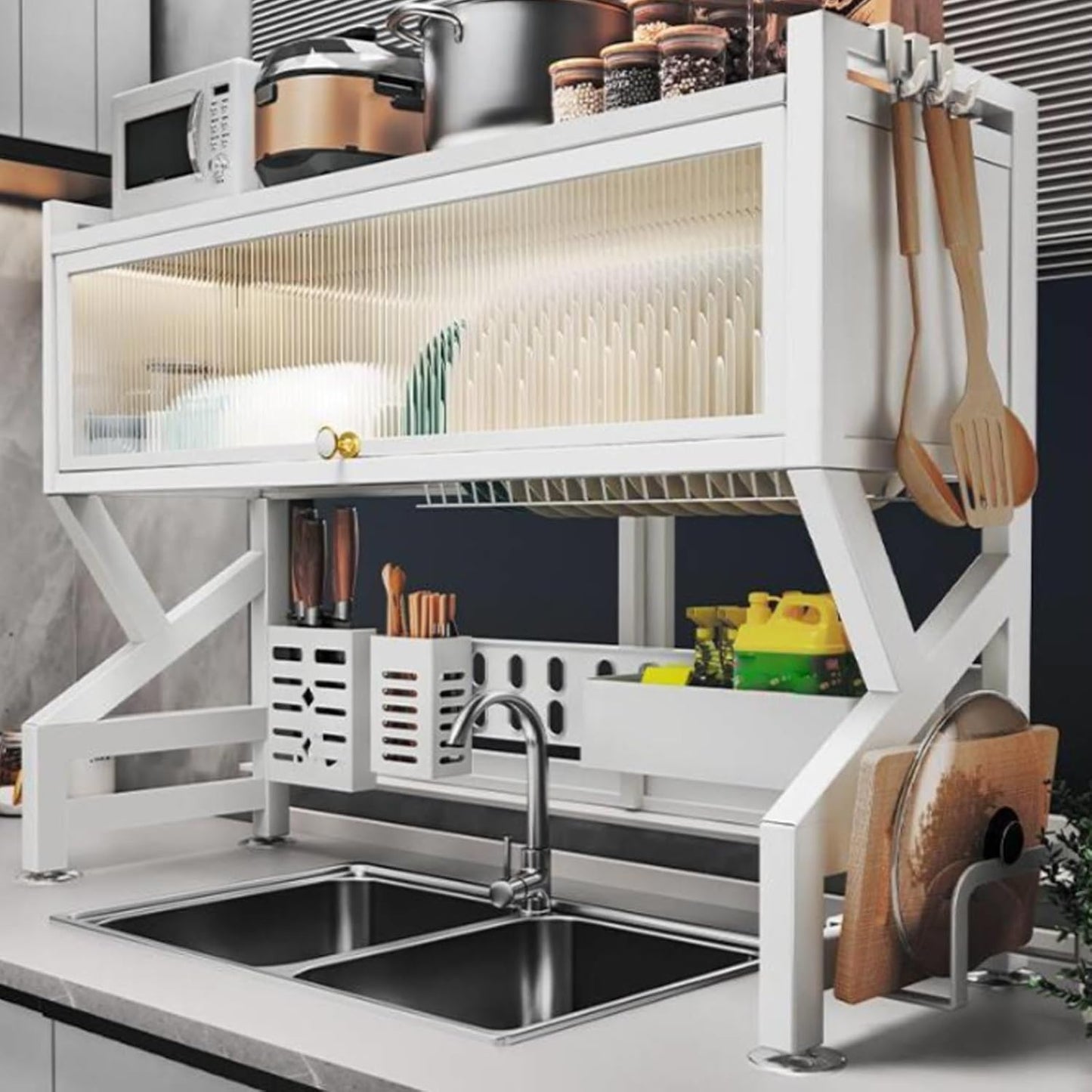 Kitchen sink rack dishwashing sink countertop dustproof cupboard storage multifunctional tableware storage drain rack double layer,KeepKitchen Sink Shlef Organized Space-Saving(White,105cm/41.3in)