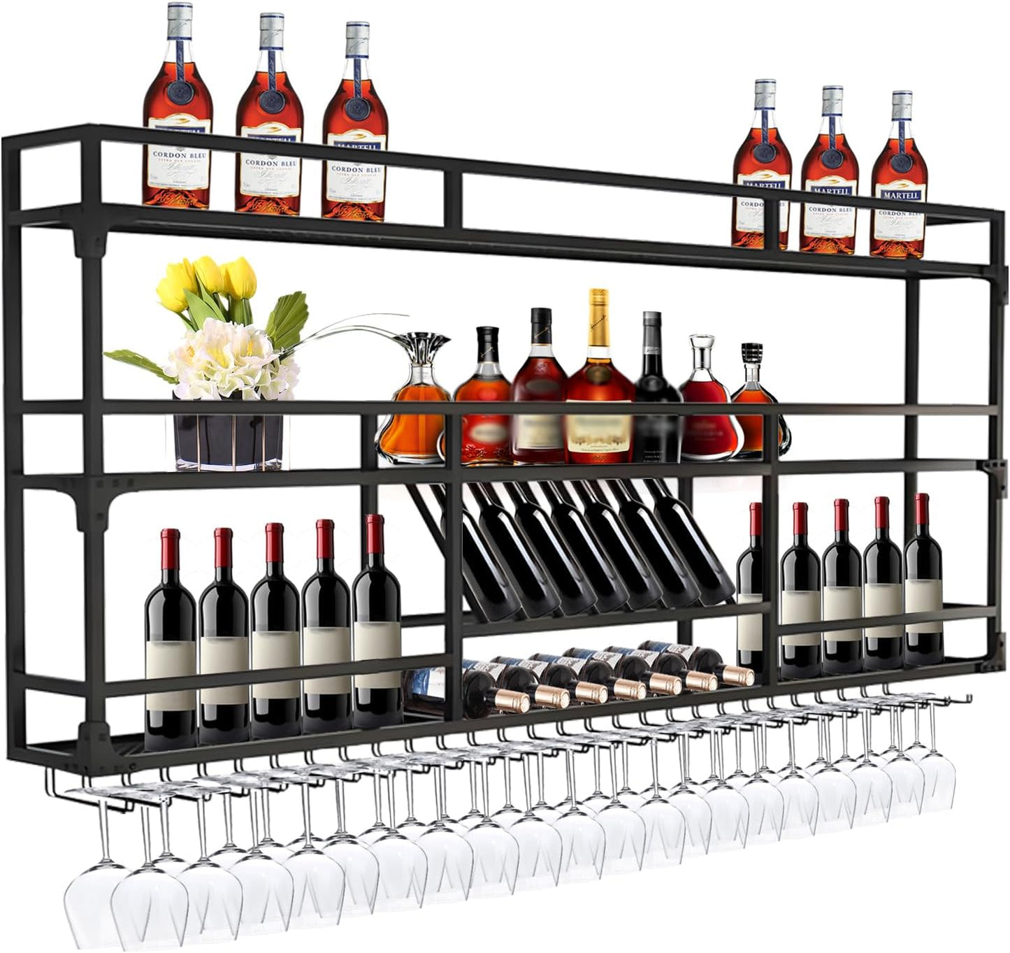 39.1in Wall Mounted Wine Rack, Wine Rack Wall Mounted With Wine Glass Rack, Metal Bar Bottle Display Shelf Wine Cups Hanging Holder, For Home Bar Cafe Dining Room Decoration (BLACK, 39.1*10*35.5inch)