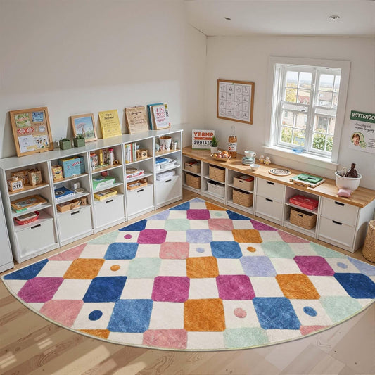 jinchan Kids Rug for Classroom 8ft Radius Corner Washable Area Rug Modern Colorful Quarter Circle Rug Soft Non-Slip Carpet for Nursery Playroom Daycare Reading Nook Living Room Berries on Cream