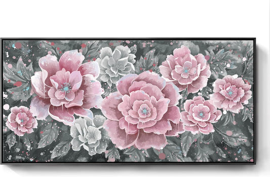 Large Pink Wall Art for Living Room- Pink and Black Peony Floral Canvas Wall Art Modern Framed Moody Black and White Wall Picture Flower Artwork Decor for Bedroom Dining Room Office 48x24