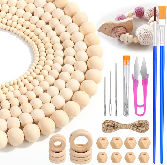 Wooden Beads for Crafts, 660 Pcs Natural Loose Wood Beads Rings Bulk Include Unfinished Beads with Holes, Smooth Wooden Ring, Polygon Spacer Beads Twine for Ornament Jewelry Making Home Garland Décor