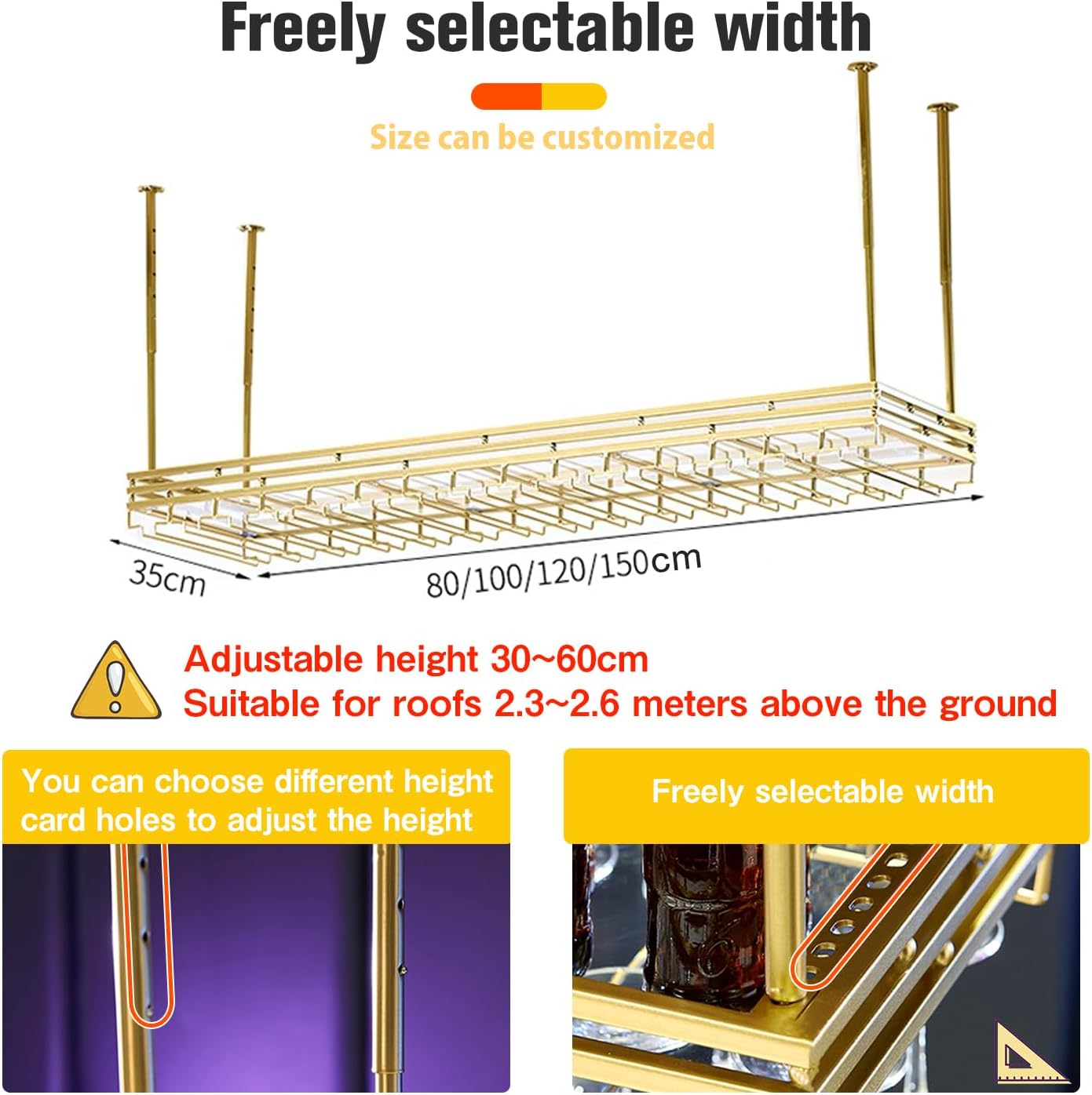 Ceiling Wine Rack&Hanging, Adjustable Hanging Wine Rack with Acrylic Board for Bar Cafe Kitche, 39.4''x13.8'' Iron Hanging Wine Glass Racks, Wine Bottle, Goblet Stemware Rack, Mug Rack-Gold