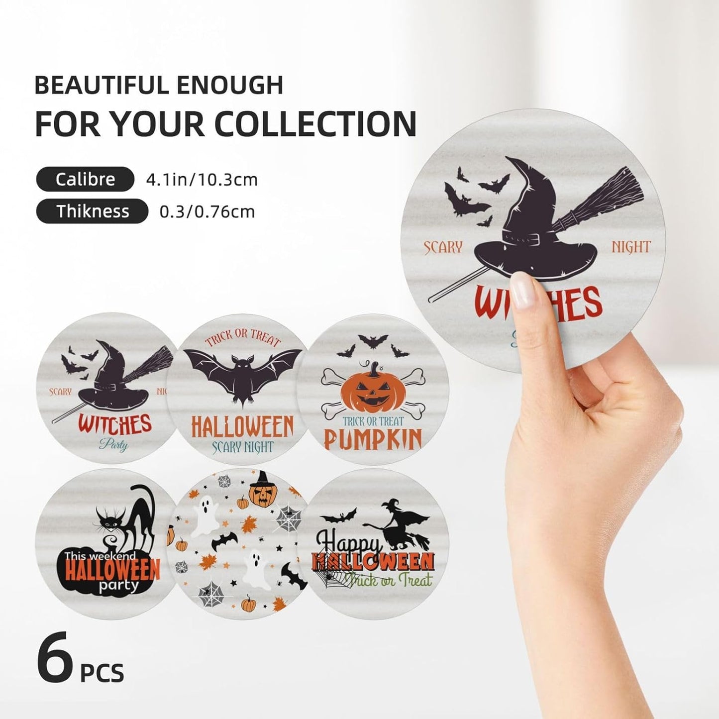 6 PCS Halloween Coasters with Metal Holder and Cork Base Ceramic Drink Coasters Absorbent Cup Mat Non-Slip for Home Kitchen Office Table Decor, 4 Inch Halloween 1
