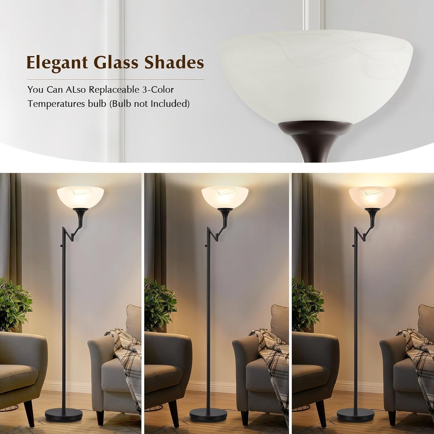 Floor Lamps for Living Room Black, 70" Tall Standing Lamp with Glass Shade, Torchiere Floor Lamp with 350°Adjustable Swing Arm Lamp, Pole lamp for Bedroom, Living Room, Office, Bulbs Included