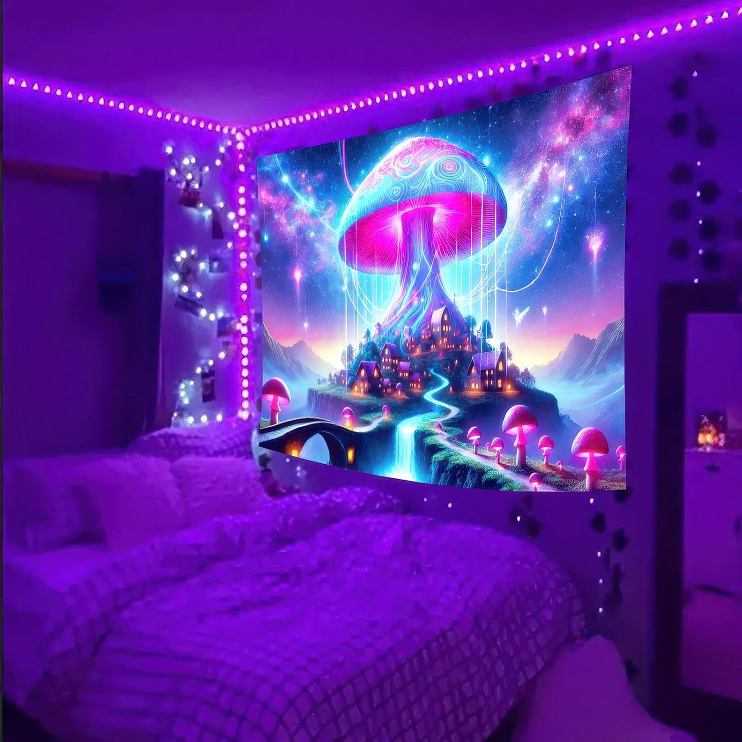 BlissYard Blacklight Tapestry Uv Reactive Tapestry Glow In The Dark Tapestry 78x59 Inches Enchanted Mushroom Village Fluorescent Wall Hanging with Glowing Mushrooms Fantasy Landscape and Cosmic Lights