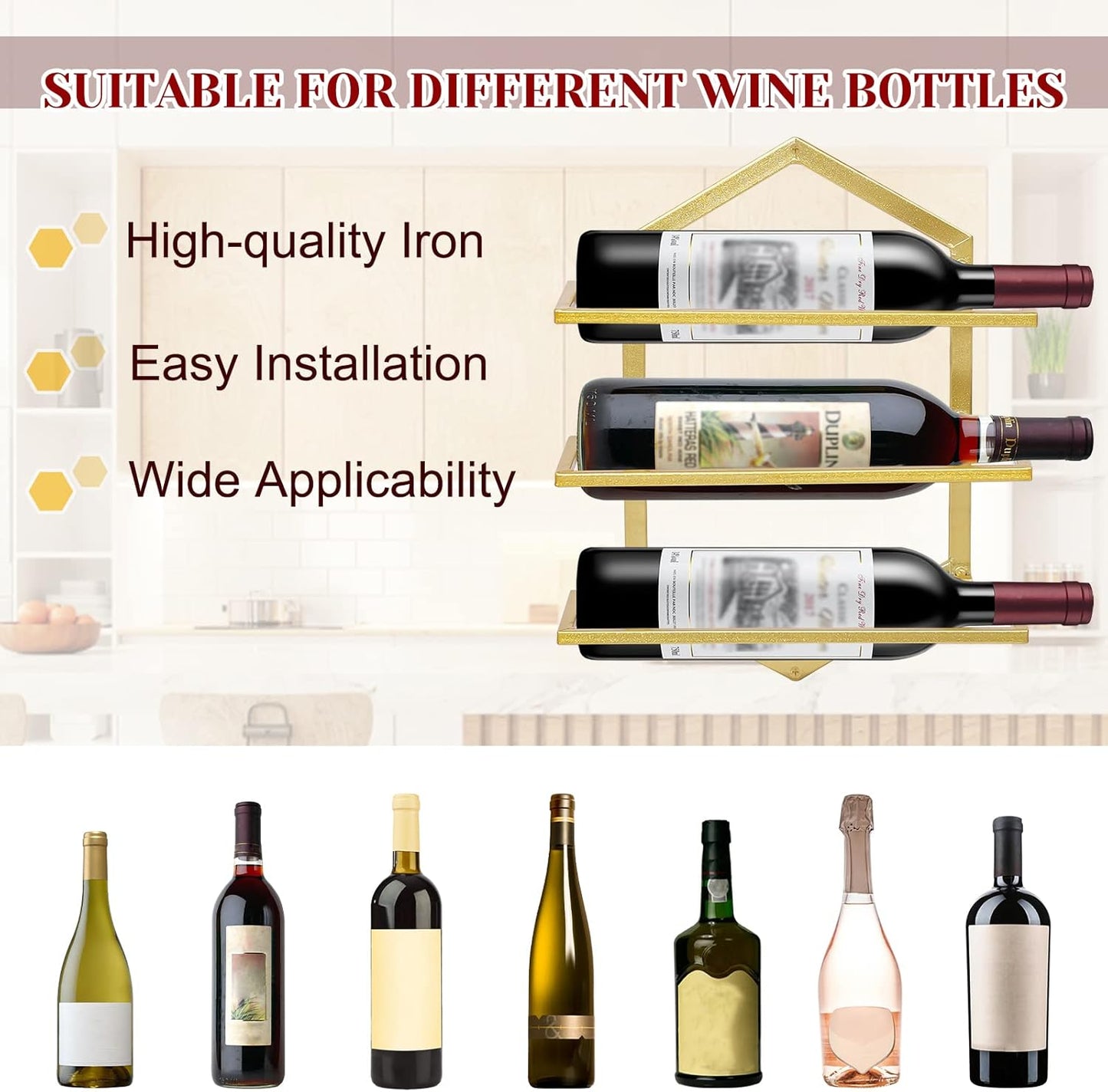 2Pcs Wall Mounted Wine Stemware Rack, Metal Hanging Wine Glass Display Holde Holds 3 Bottles, Elegant Storage for Kitchen Dining Room Bar Wine Cellar (Gold)