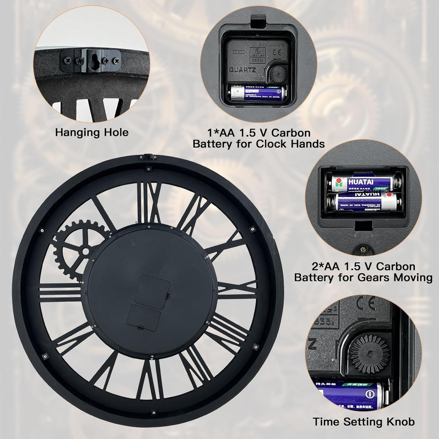 The B-Style Large Wall Clock 24 inch Moving Gear Wall Clock Oversized Vintage Farmhouse Wall Clocks for Living Room Decor Rustic Industrial Wood Clock (Silver Gray, 18 inch/46cm)