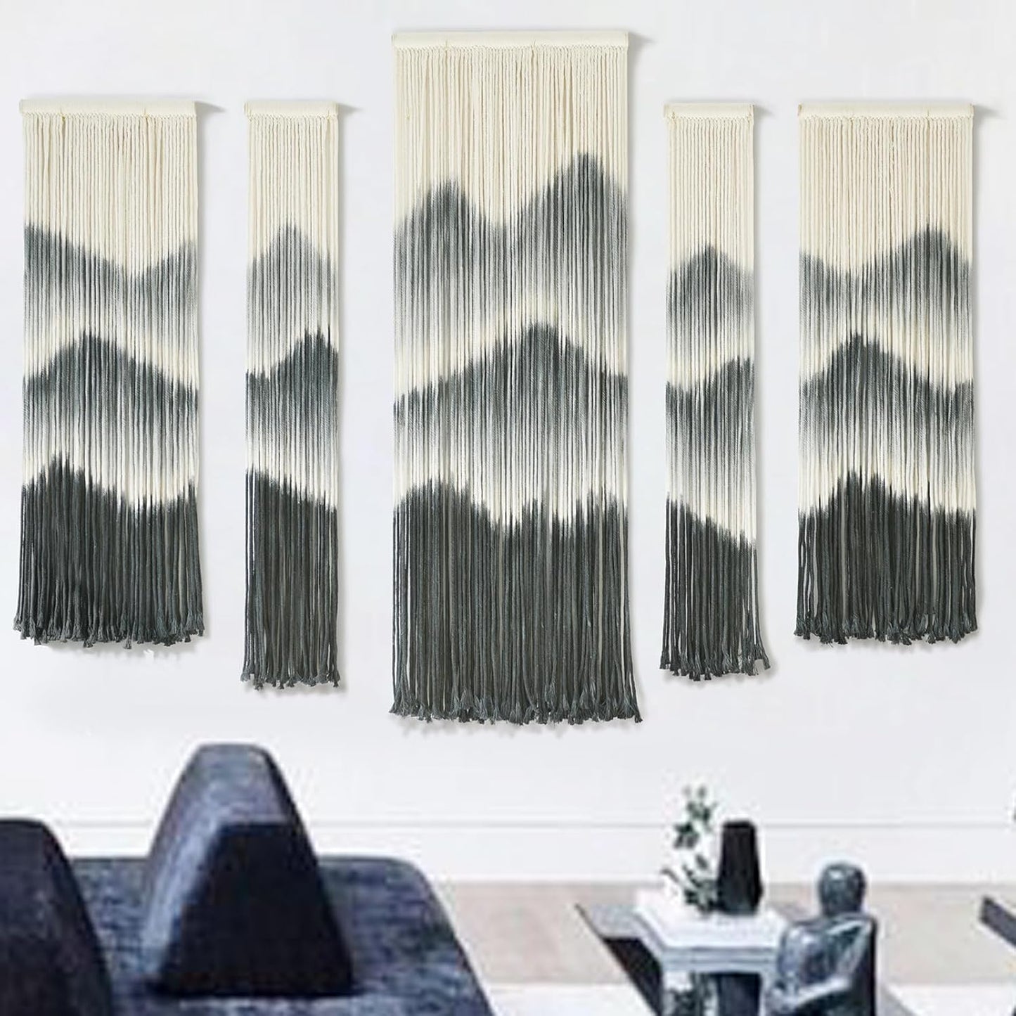 IOWER Large Macrame Wall Hanging 5Pcs Handmade Dip-Dyed Mountain Wall Decor Combination Suspension Bedroom Living Room Modern Fiber Yarn Wall Art