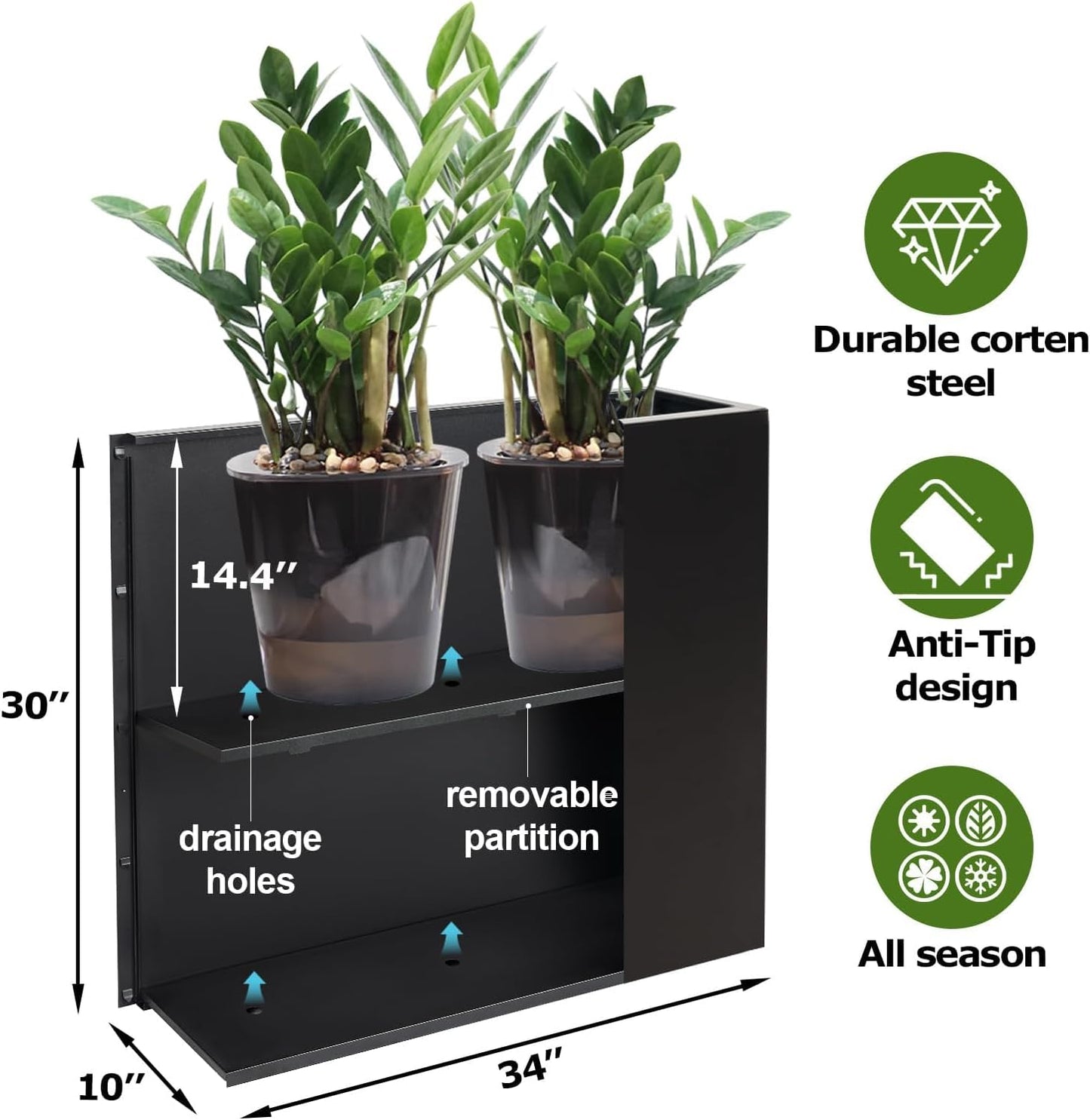 Metal Large Rectangular Planter Box Outdoor 30" H x 34" W x 10" D,Tall Flower Pot with Quick Installation,Long Black Planters for Outdoor Plants with Drainage Holes for Plants,Patio,Garden