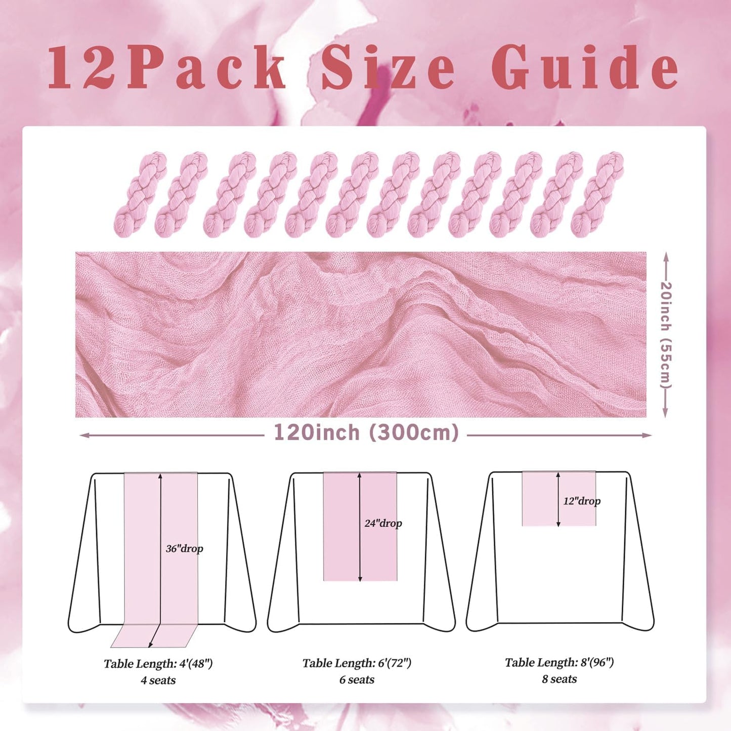 Light Pink Cheesecloth Table Runner 12 Pack 10FT Rustic Gauze Fabric Cheese Cloth Table Runner for Wedding 20 x 120 Inch Long Bridal Baby Shower Table Decorations Boho Sheer Birthday Party Table Decor