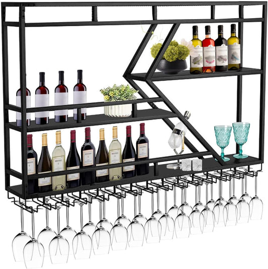 Wall Mounted Wine Rack with Glass Holder, 3-Tier Metal Storage Shelf, Black Diamond Design, Wine Bottle Display with Stemware Storage (Black, 39.37in/Left)