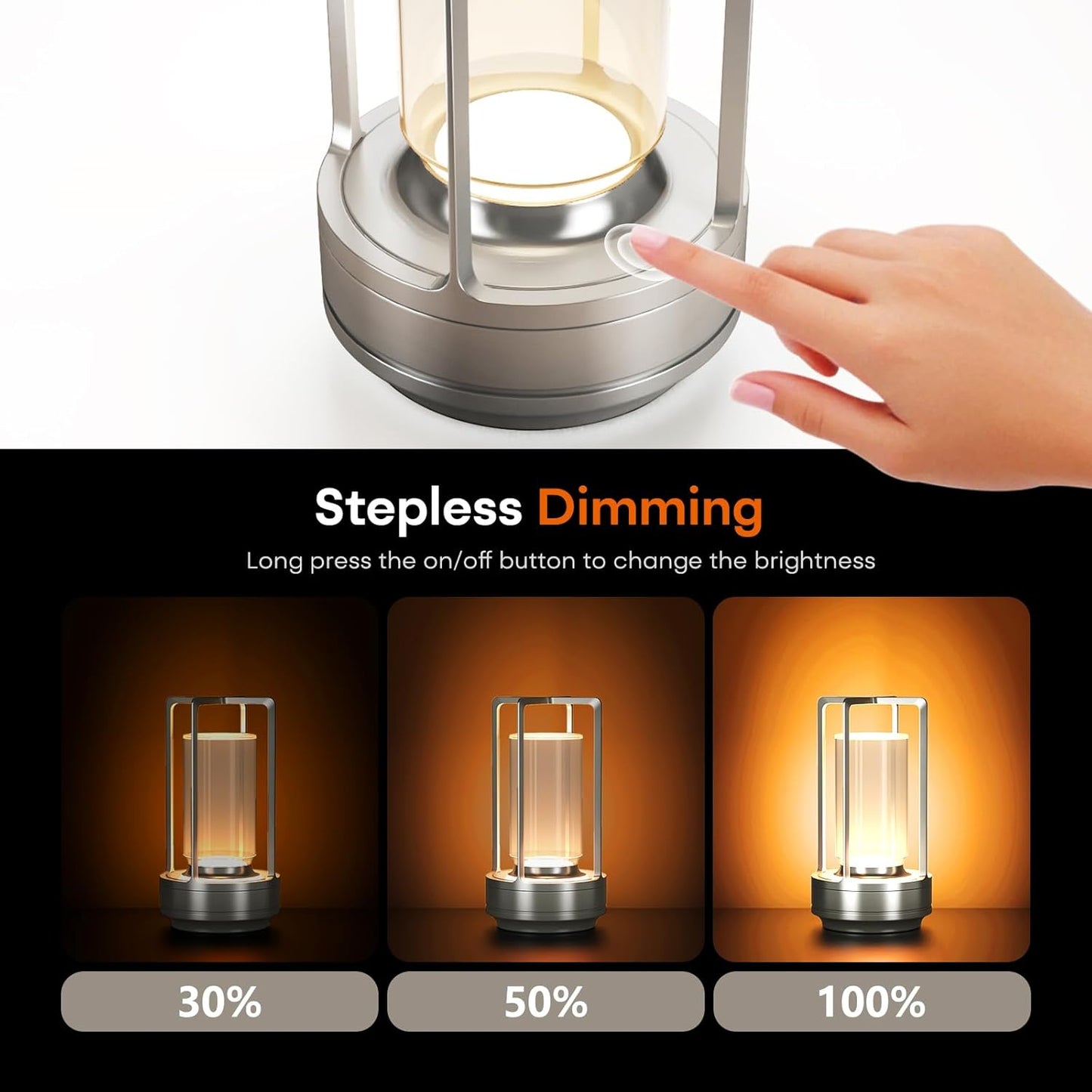 Portable Metal Table Lamp for Indoor/Outdoor ,Rechargeable Cordless LED Lamp, 3-Colour Infinitely Dimming Battery Powered Small Desk Lamp, Restaurant/Bedroom/Bar/Coffee/Camping Light (Sliver Set of 2)