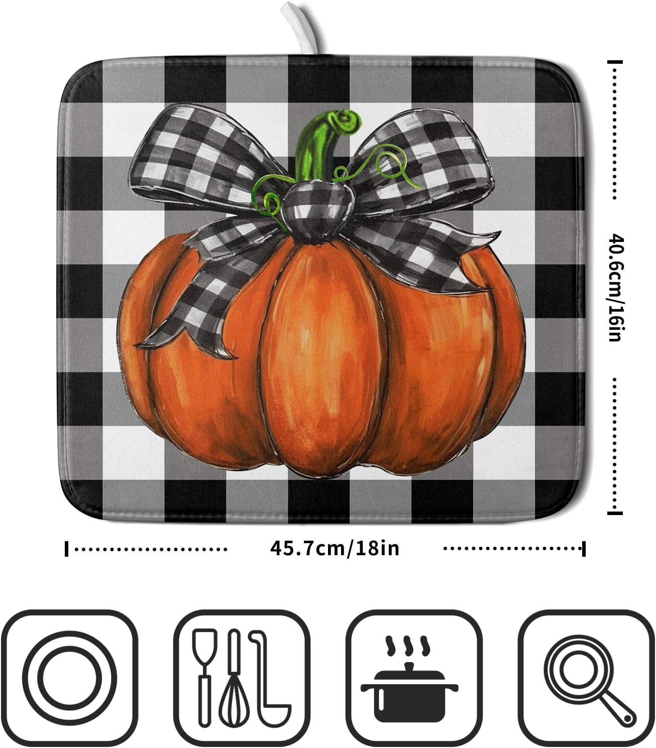 Fall Pumpkin Dish Drying Mat for Kitchen Counter Black White Buffalo Check Thanksgiving Super Absorbent Reversible Microfiber Kitchen Countertop Protector Dishes Pad Small 16x18 inch