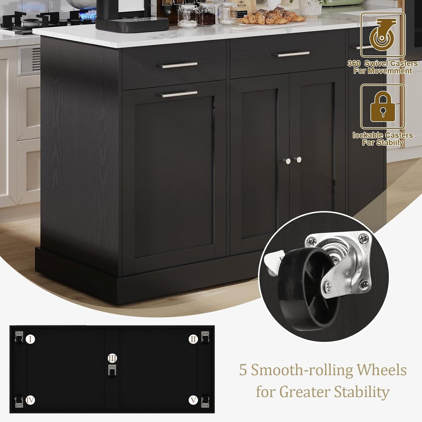 4 EVER WINNER Kitchen Island on Wheels with Storage, Rolling Kitchen Island Cart with Trash Can Cabinet, Kitchen Island Table with Spice Rack & Towel Rack, Black