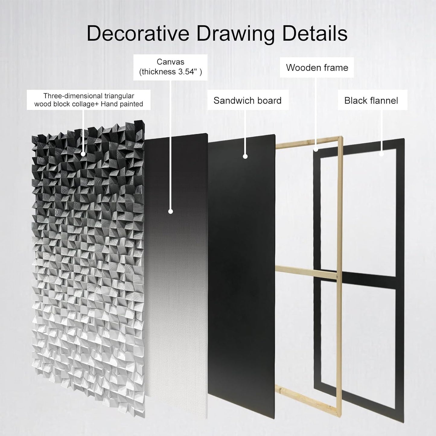 LIUZEYUE - Wooden Block Stereoscopic Painting Geometric Modeling Wall Decoration 3D Wooden Artwork Living Room Bedroom Background Wall Office Decoration Black and White Gradient 35.4"x70.8"