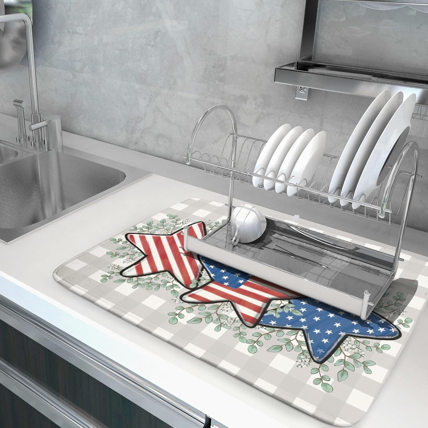Patriotic Dish Drying Mat for Kitchen Counter Cute Stars 4th of July Holiday Absorbent Reversible Microfiber Kitchen Countertop Protector Dishes Pad Large 18x24 inch