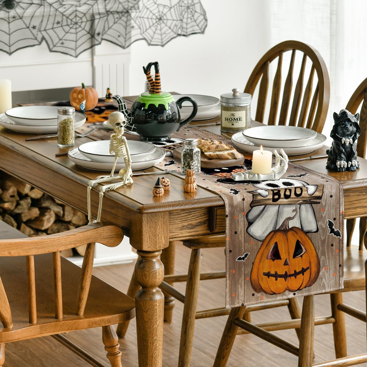 Artoid Mode Jack-O'-Lantern Ghost Pumpkin Cat Boo Halloween Table Runner, Bat Seasonal Kitchen Dining Table Decoration for Home Party Decor 13x72 Inch