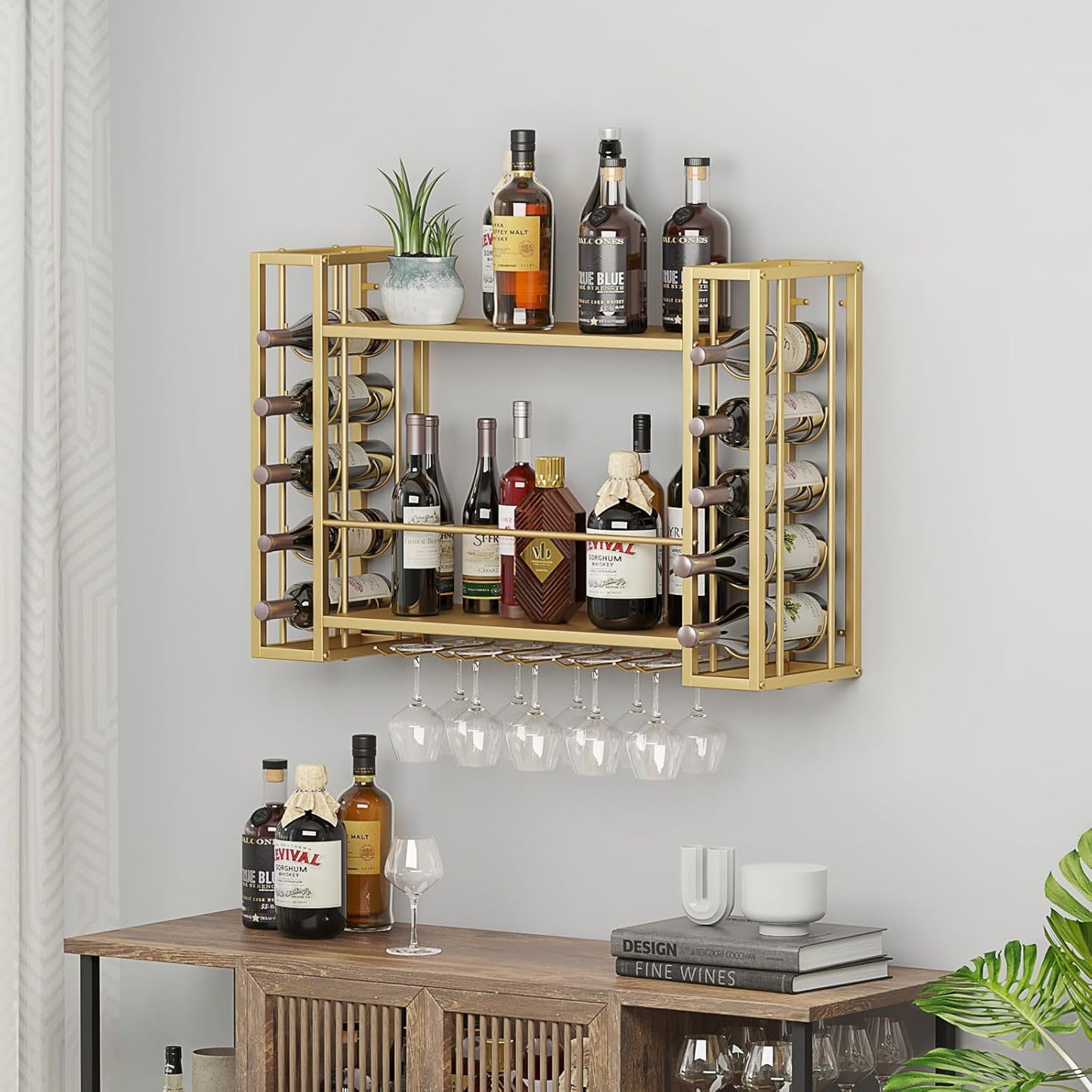Wall Mounted Wine Rack, Hanging Floating Bar Liquor Shelves with Glass Holder, Metal Bottle Holder Wine Storage Display Shelf for Home Bar, Gold