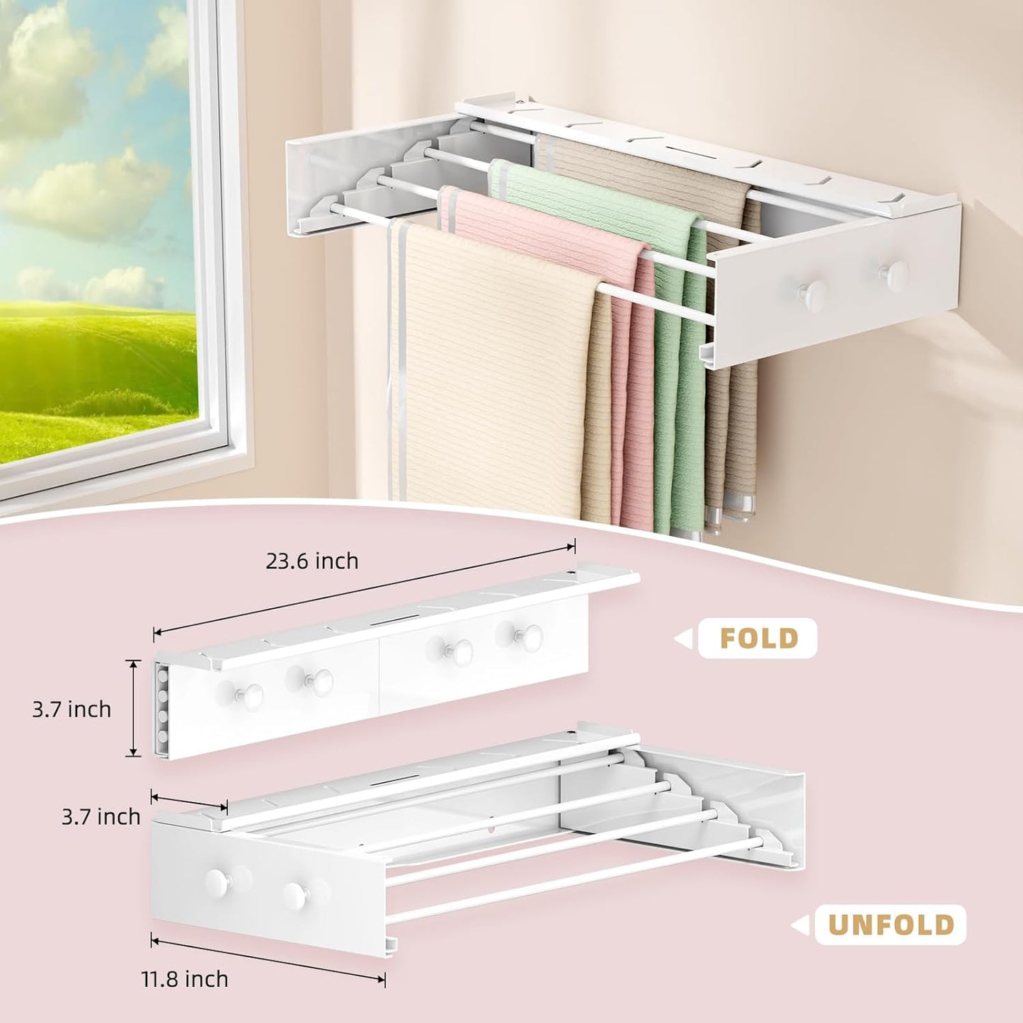 Wall Mounted Drying Rack with 4 Hooks and Shelf, Foldable Clothes Drying Rack for Laundry Room, Collapsible Laundry Rack Wall Mount, for Indoor Outdoor Hanging Clothes, 23.6 Inch