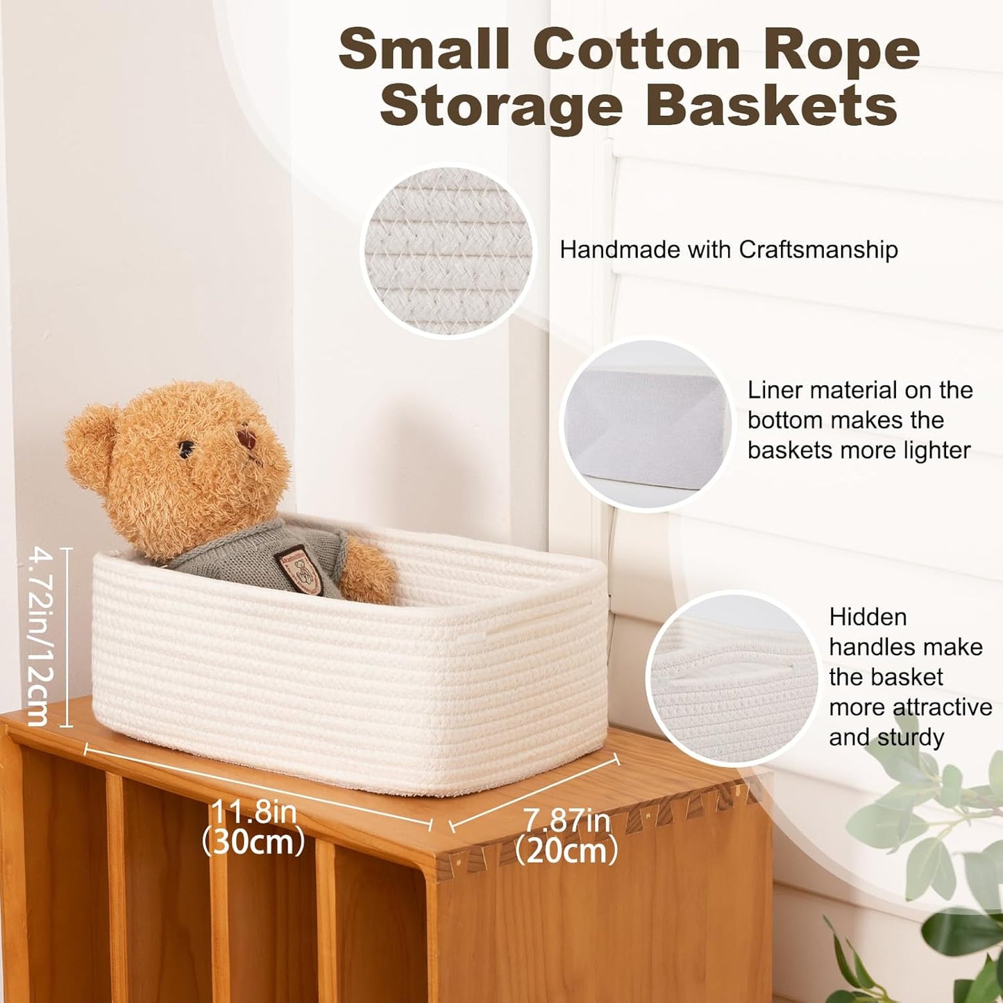 3 Pack Small Storage Baskets for Organizing, Cute Woven Decorative Gift Baskets for Shelves, Mini Closet Organizer Bins with Handles, 11.81''Lx7.87''Wx4.72''H-White