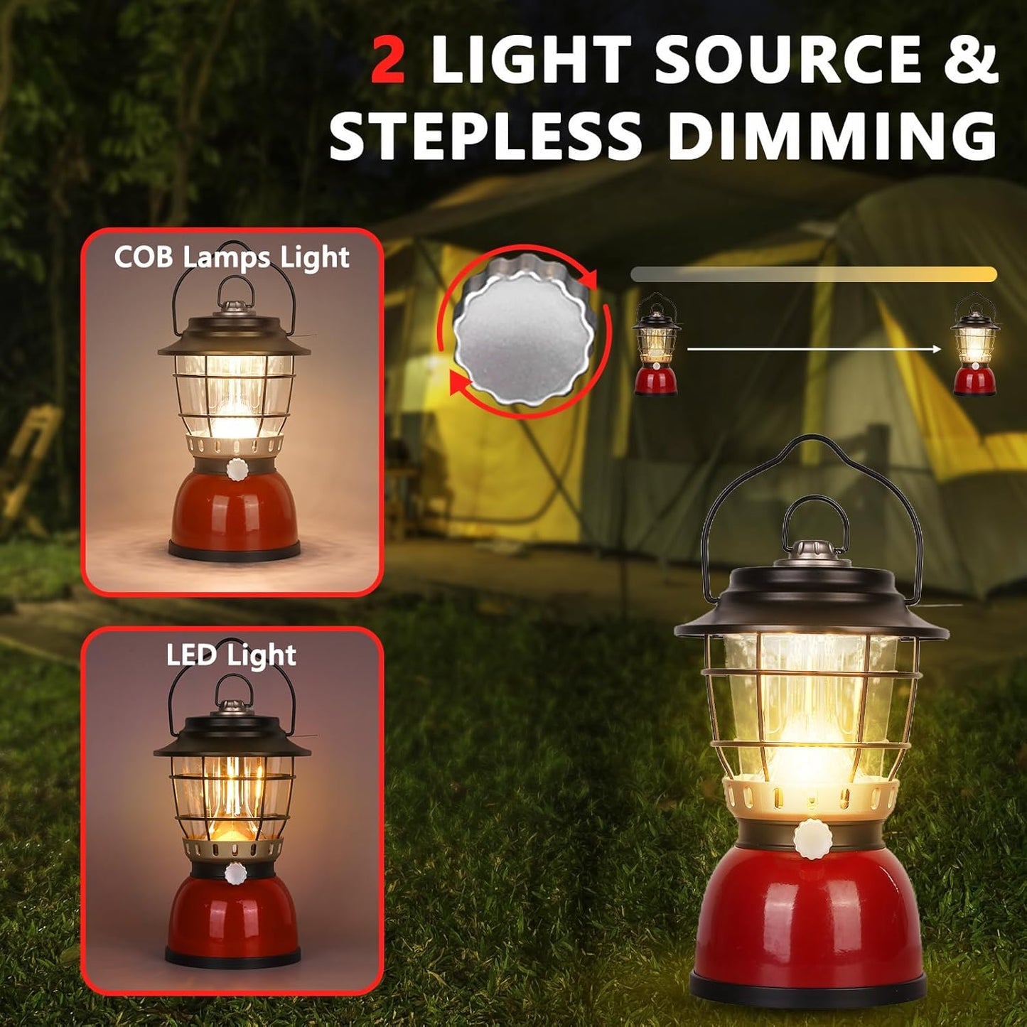 LED Camping Lantern Rechargeable Stepless Dimming Vintage Tent Lamp, 4000mAh Power Bank, IPX5 Waterproof Portable Hanging Camping Tent Light for Camping Hiking Emergency and Power Outage