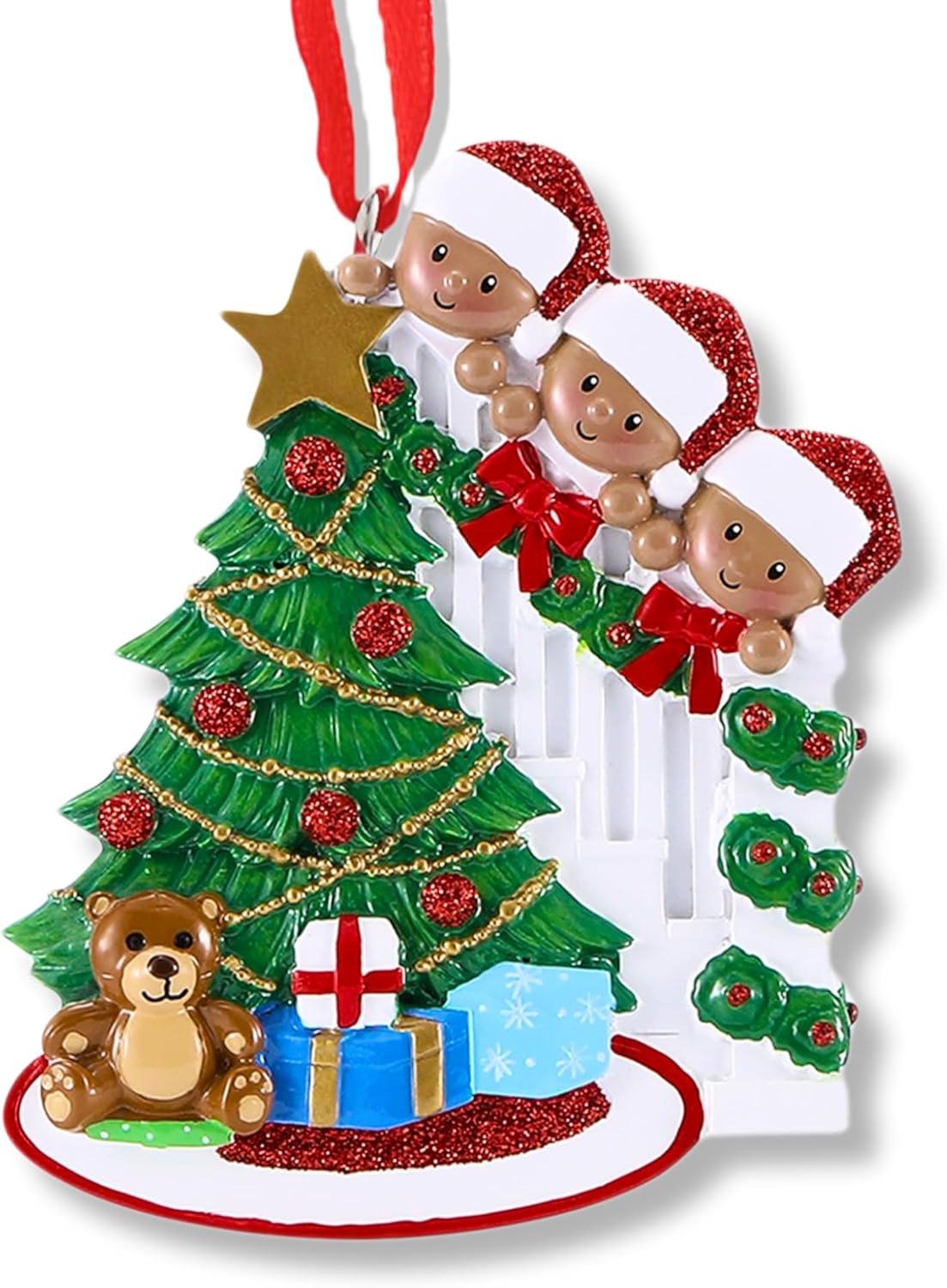 African American Peeking Family of 3 Ornament 2025 Personalized Family Christmas Ornaments 2025 Black Xmas Staircase Personalized Tree Ornaments for Grandchildren Siblings Grandkids of Three Ornament