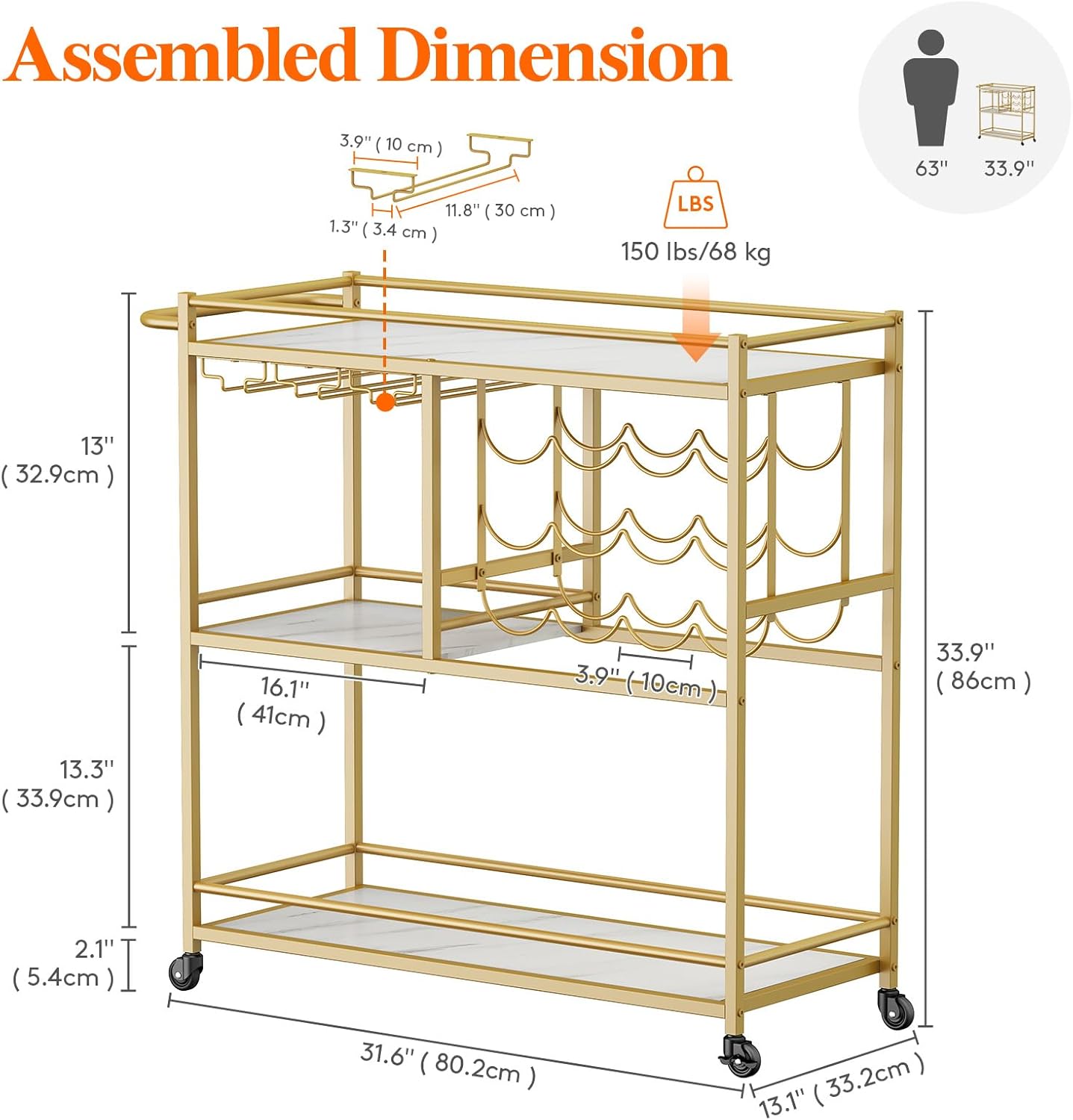 Lifewit Bar Cart for The Home, 3 Tier Drink Cart with Lockable Wheels, 12 Wine Rack and 3 Rows Glass Holders, Liquor Serving Cart for Kitchen Dining Livingroom, 31.6" x 13.1" x 33.9", Gold