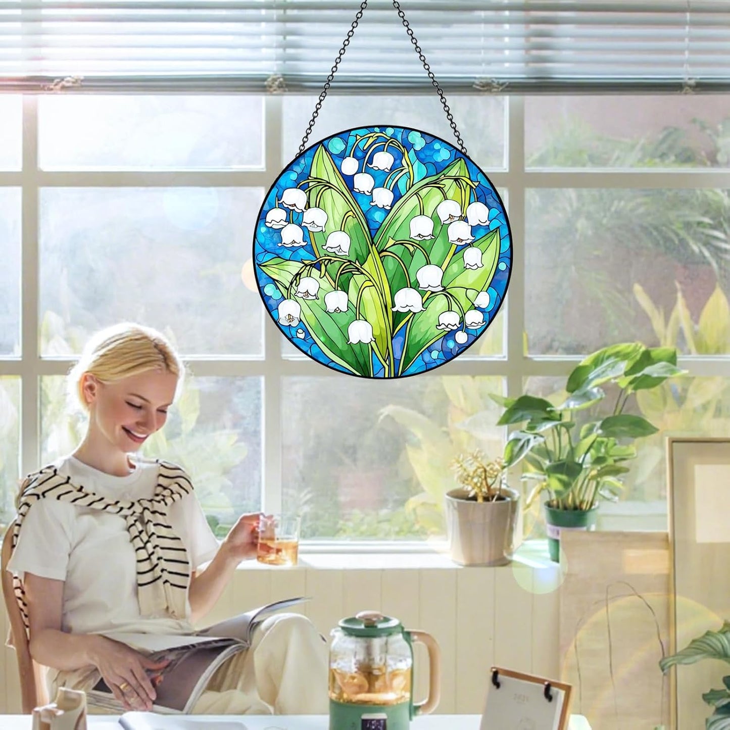 Stained Glass Window Hanging – Double-Sided Glass Sun Catcher with Chain – Memorial Window Art Panel for Home Décor, Spiritual Comfort, and All-Occasion Gifting
