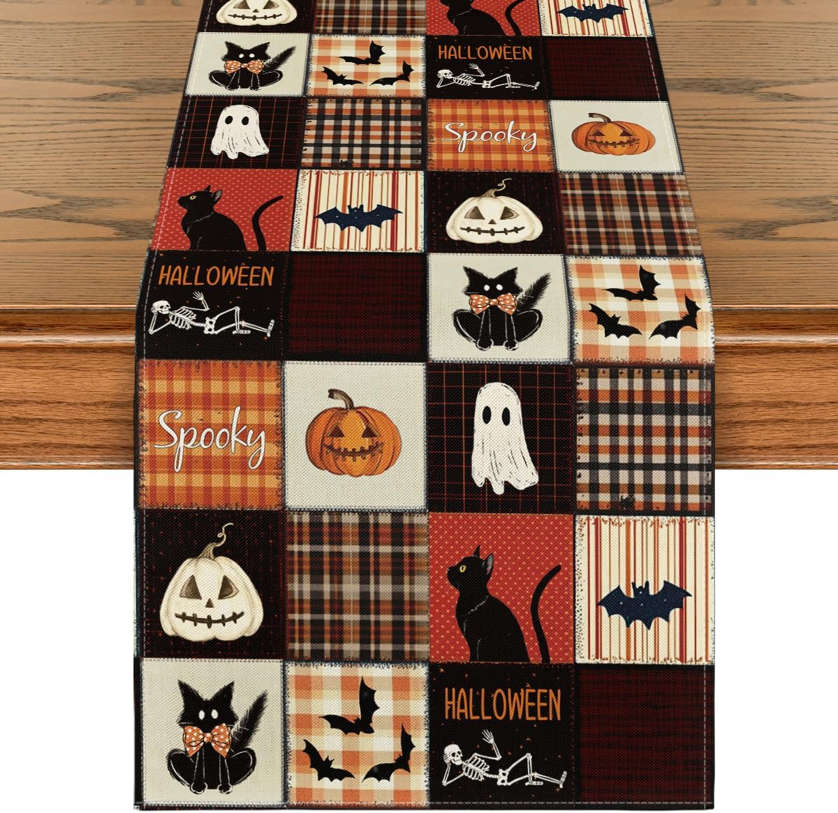 Artoid Mode Black Cat Bat Pumpkin Spooky 210 GSM Halloween Table Runner, Ghost Kitchen Dining Table Decoration for Home Party Decor 13x90 Inch