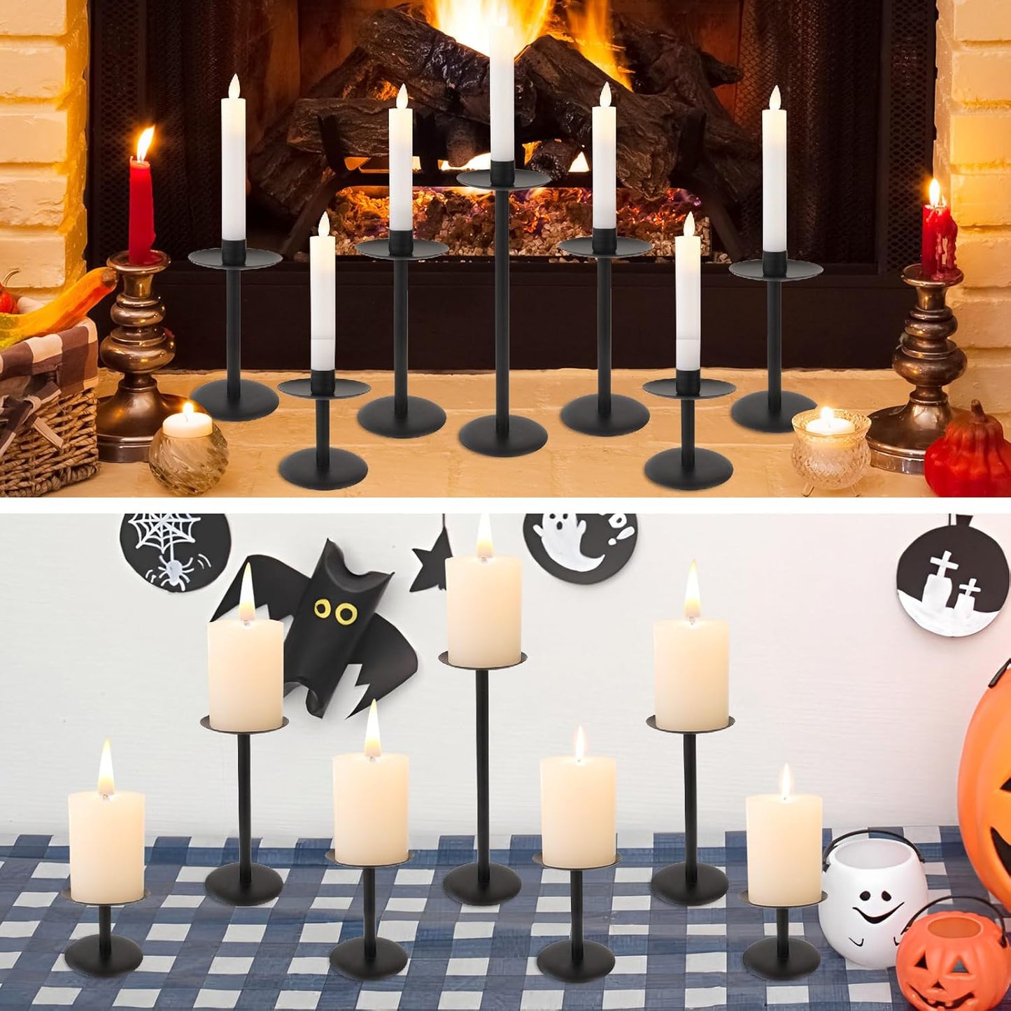 Set of 7 Metal Black Candle Holders, Assemblable Pillar and Taper Candlesticks, Halloween Fall Thanksgiving Day Dining Table Centerpieces Decor, Mantle Fireplace Candle Sticks Decorations