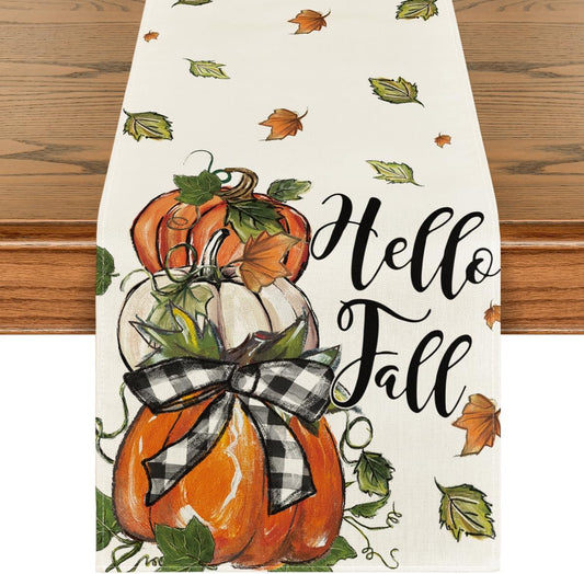 Artoid Mode Pumpkins Bowknot Maple Leaf 210 GSM Fall Table Runner, Seasonal Autumn Kitchen Dining Table Decoration for Home Party Decor 13x90 Inch