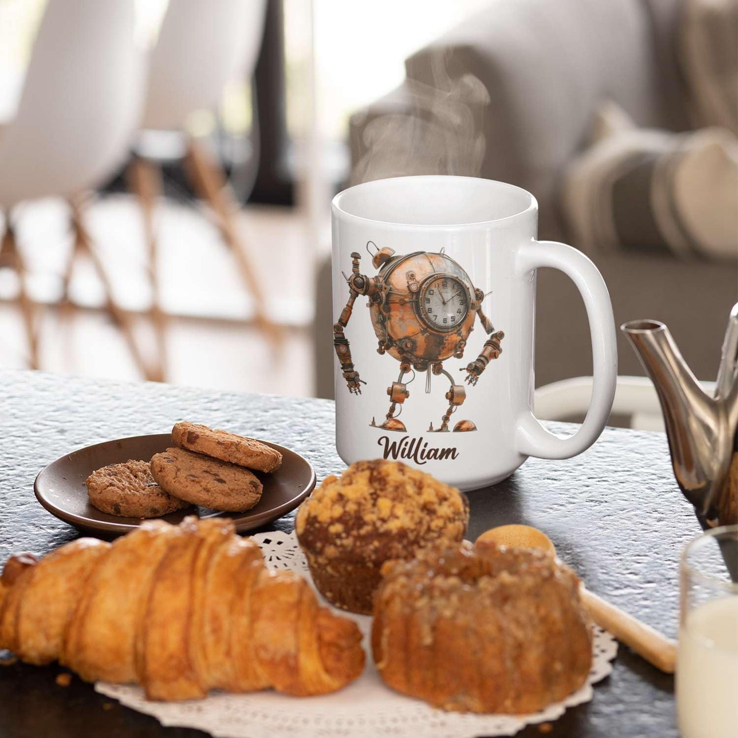 Steampunk Robot Coffee Mug With Custom Name, Customized Mechanical Themed Design Ceramic Cup, Steampunk Enthusiasts White Cup 11oz Or 15oz, Personalized Mug Gift For Daughter Son