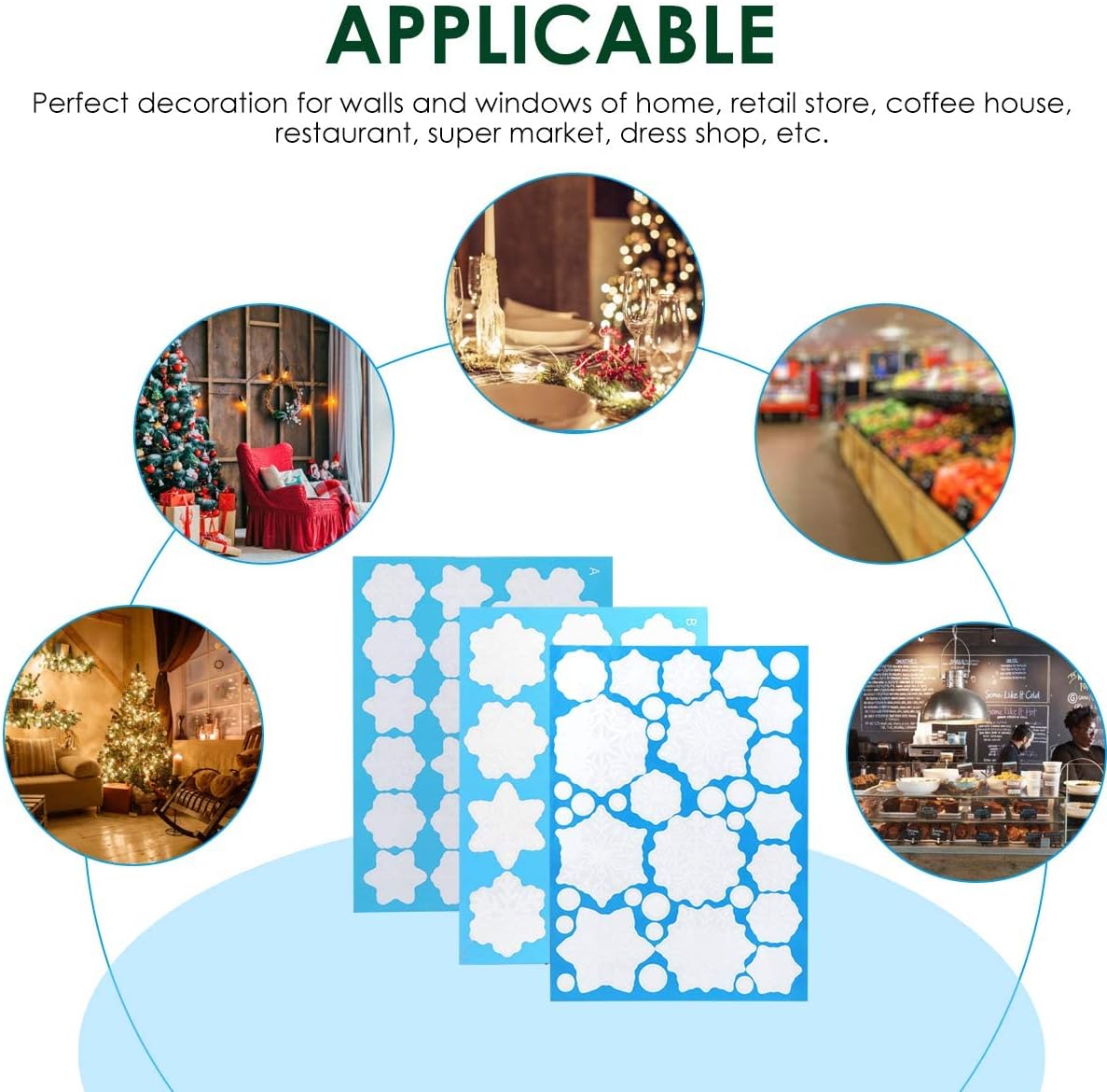 DC-BEAUTIFUL 318 Pcs Christmas Snowflakes Clings Decoration Set, White Christmas Theme Window Stickers, Winter Snow Flakes Clings Party Decal (12 Sheets)