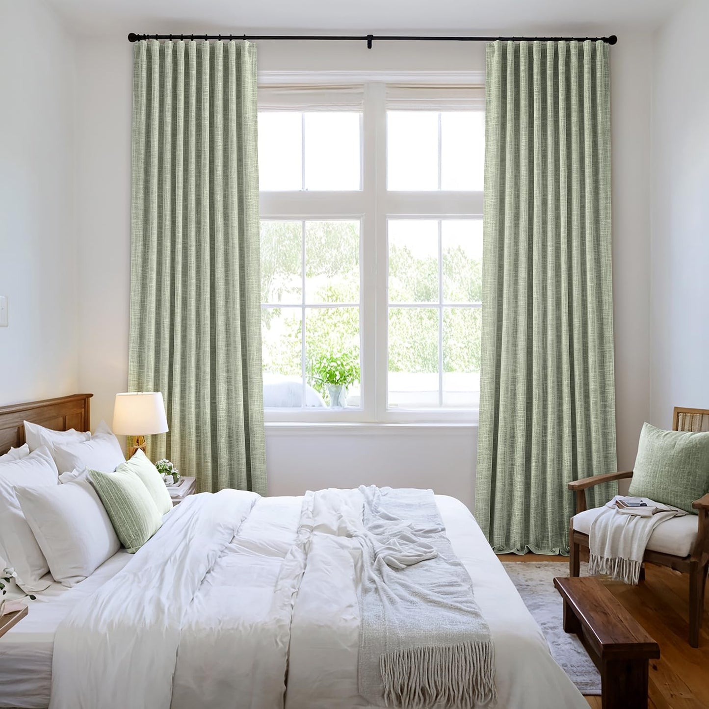 MIULEE Sage Green 100% Blackout Linen Curtains 120 Inch 2 Panels Set Double Sided No Coating Pinch Pleated Back Tab Black Out 10 FT Extra Long Thermal Insulated Bedroom Living Room Darkening Drapes