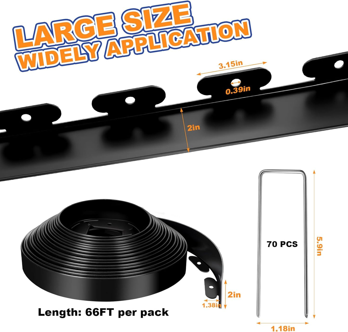 2 Inch x 66 FT (Multiple Sizes Available) Landscape Edging, Garden Edging Borders with 70pcs Upgrade Stakes, Flexible No Dig Plastic Garden Border for Lawn, Landscaping, Flower Beds, tree and Yard