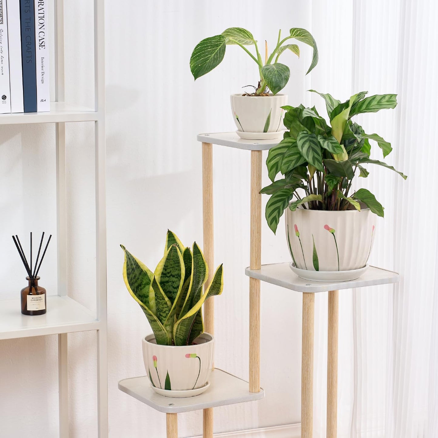 4/5/6 Inches Ceramic Plant Pots with Drainage Holes and Saucers, Round Flower Pots for Indoor Plant, Small Flower Planters Set of 3 (White Floral-Big Size)